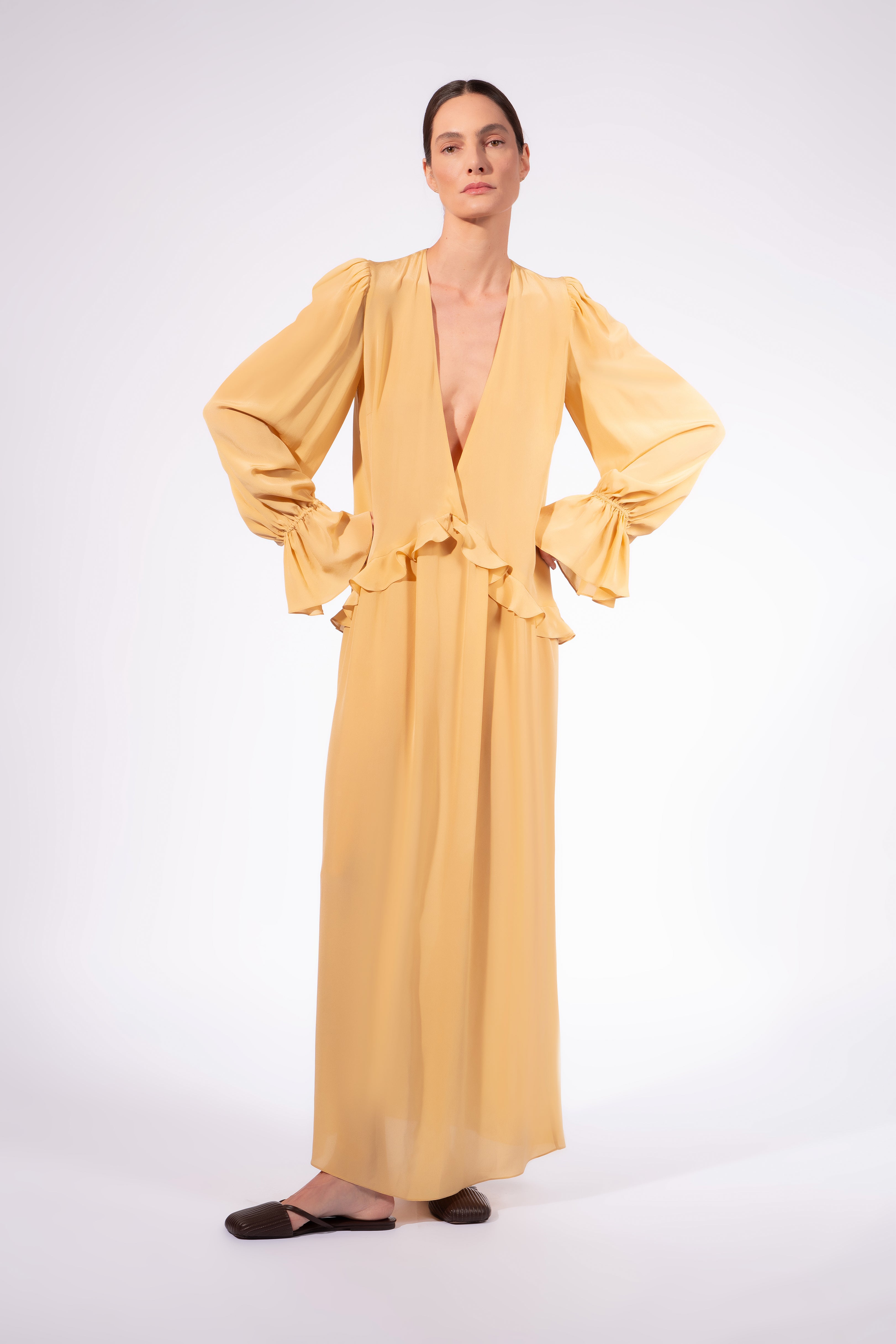 Vestido Longo Babado Punho Pois e Foliage Lisos