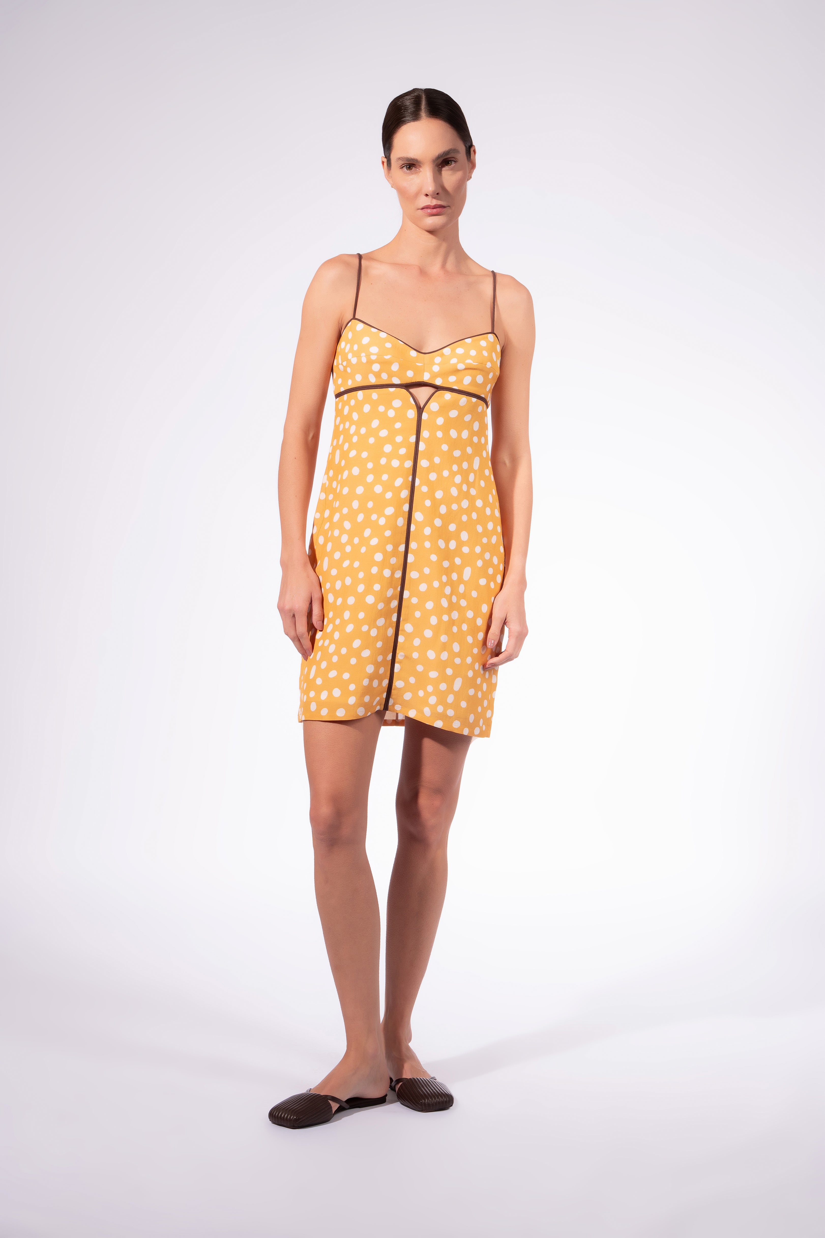 Vestido Curto Recorte Busto Yellow Pois
