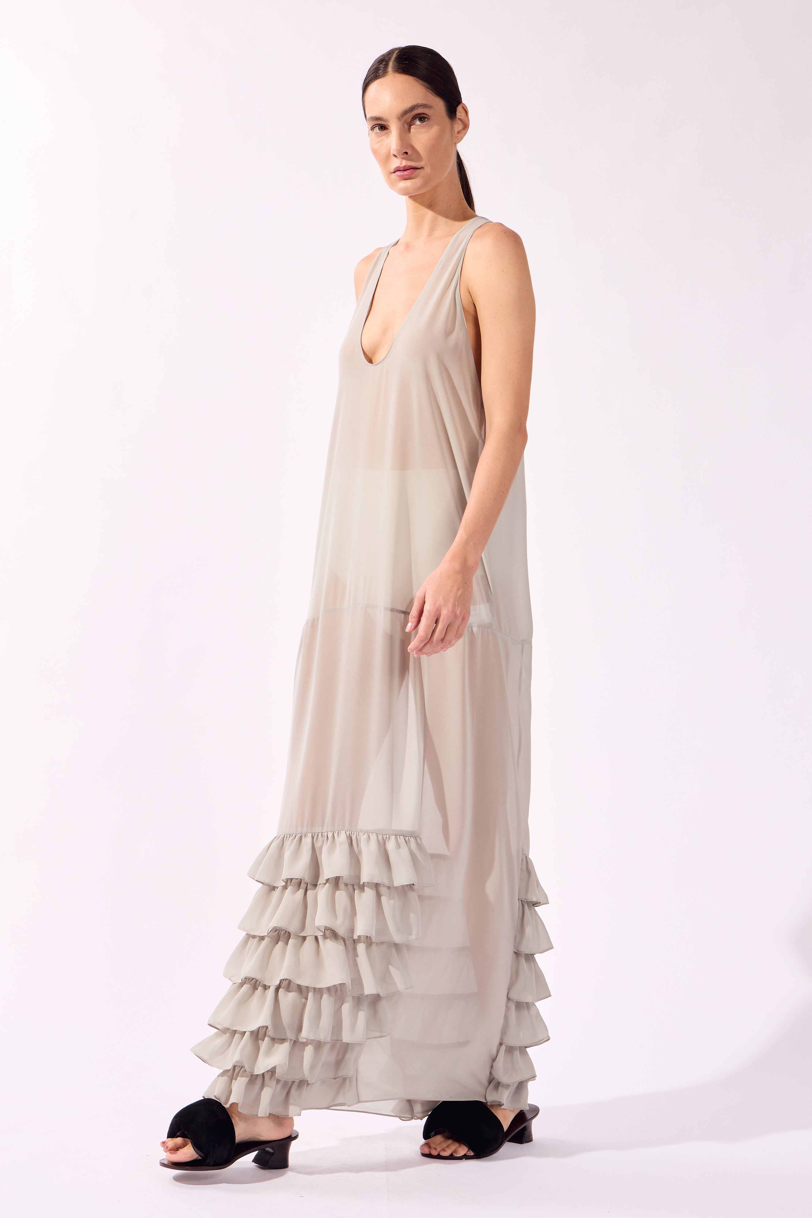 Vestido Longo Babados Pois e Foliage Lisos