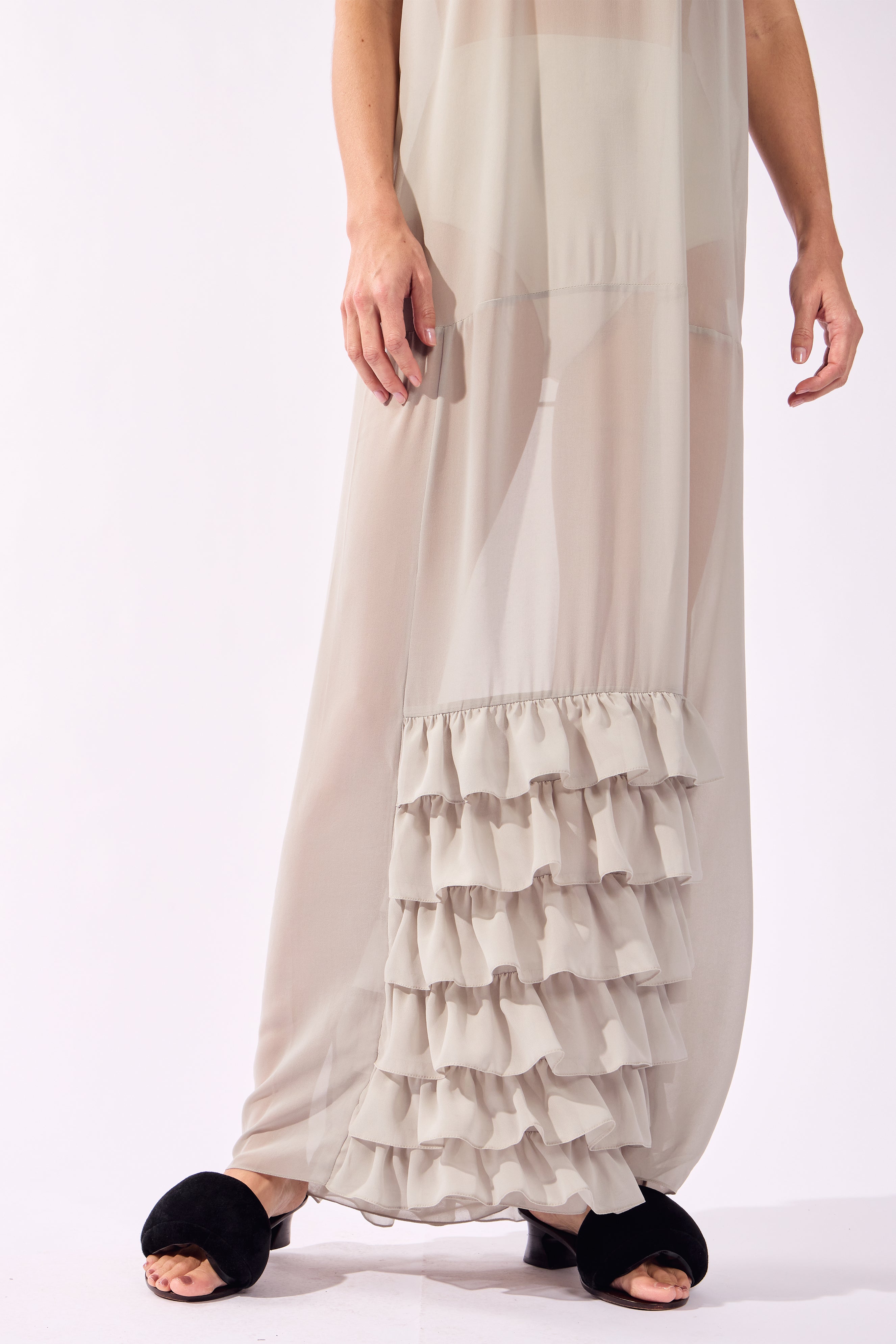 Vestido Longo Babados Pois e Foliage Lisos