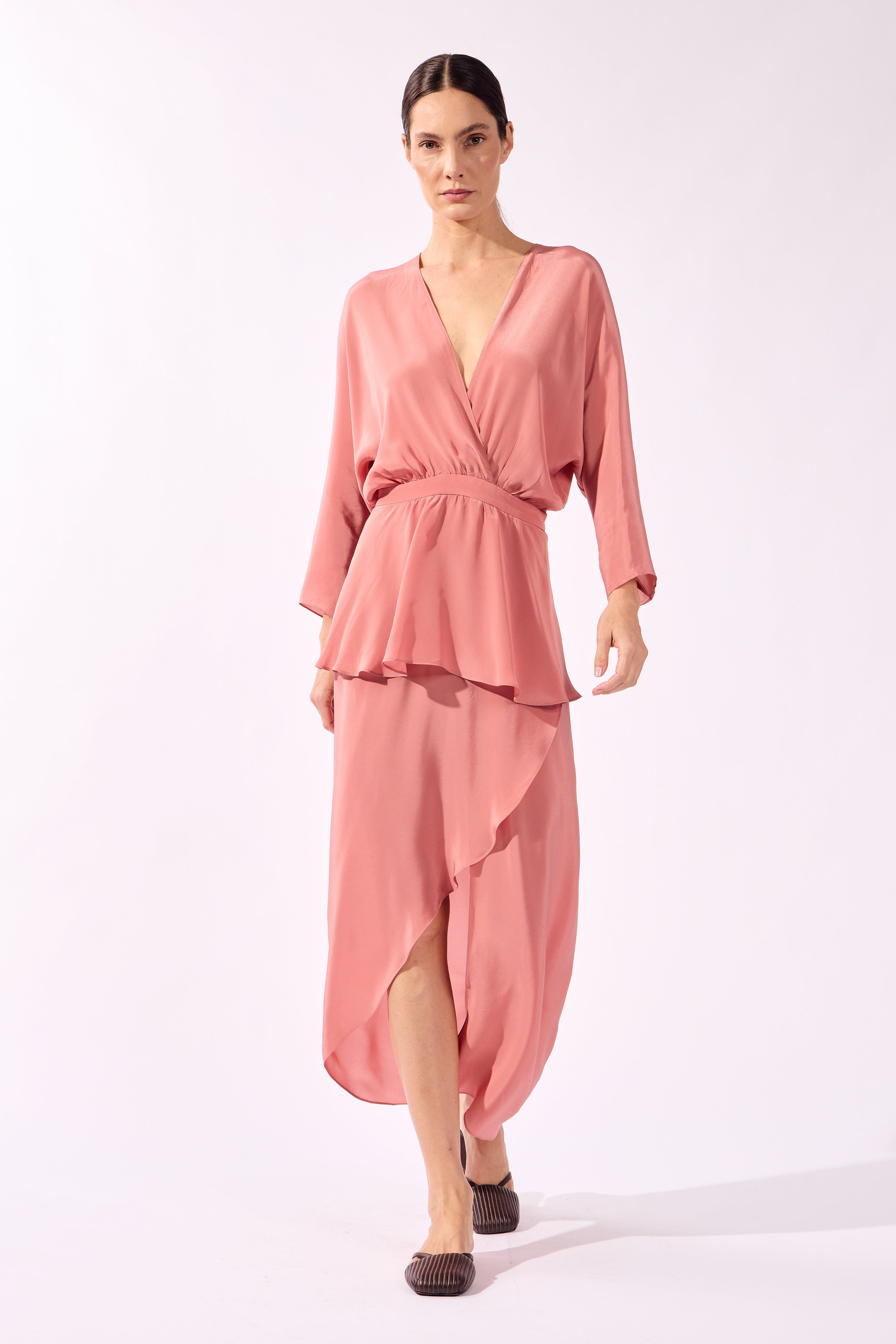 Vestido Midi Com Fenda Pois e Foliage Lisos