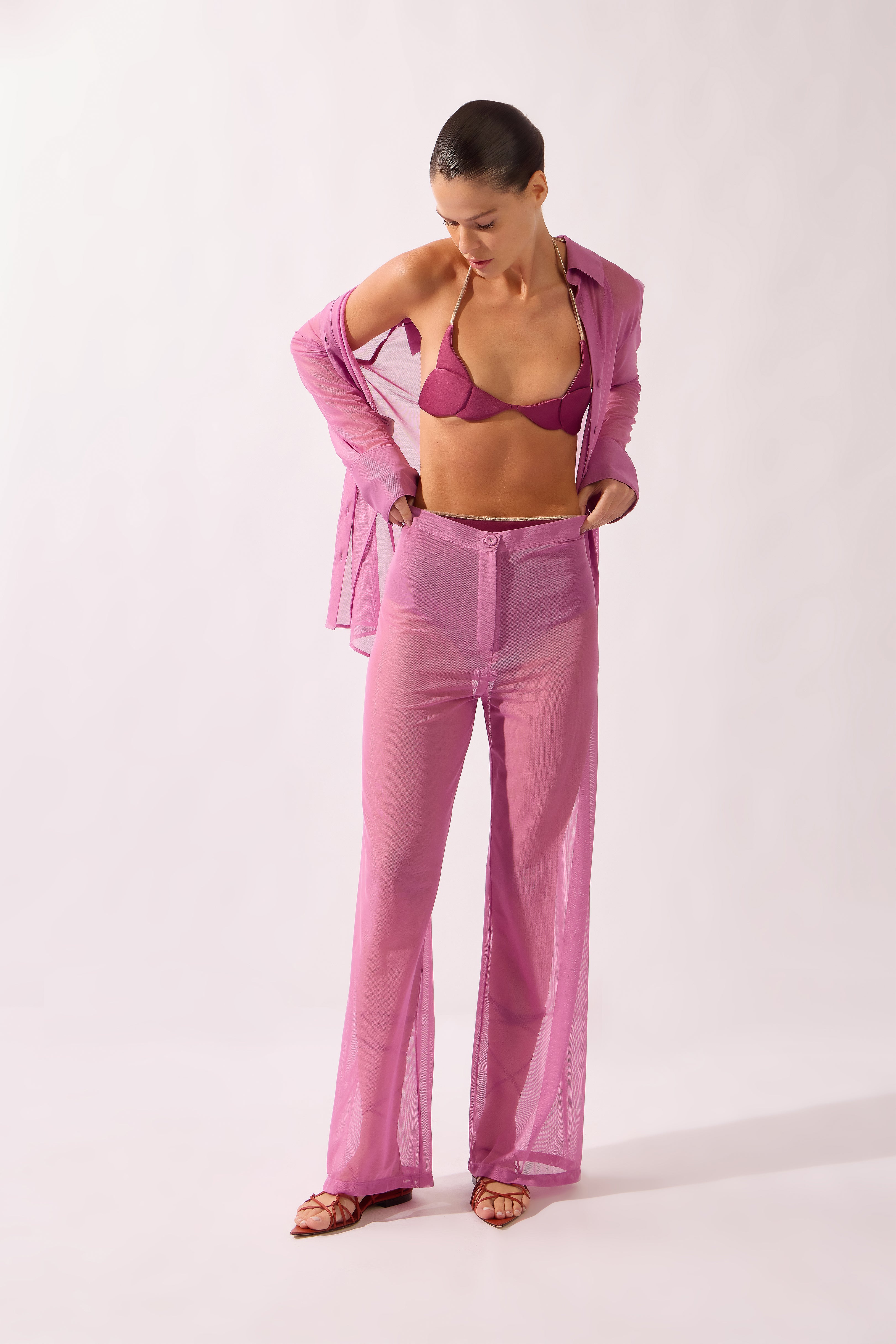 Calça Reta Tule Pois e Foliage Lisos