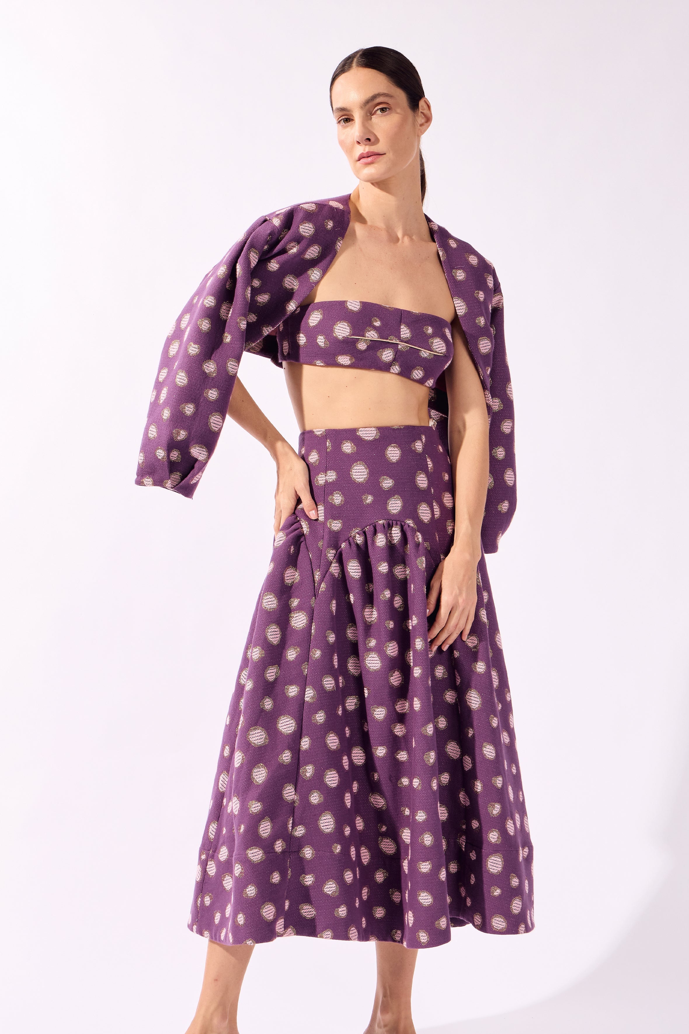 Saia Midi Recortes Jacquard Lina Pois
