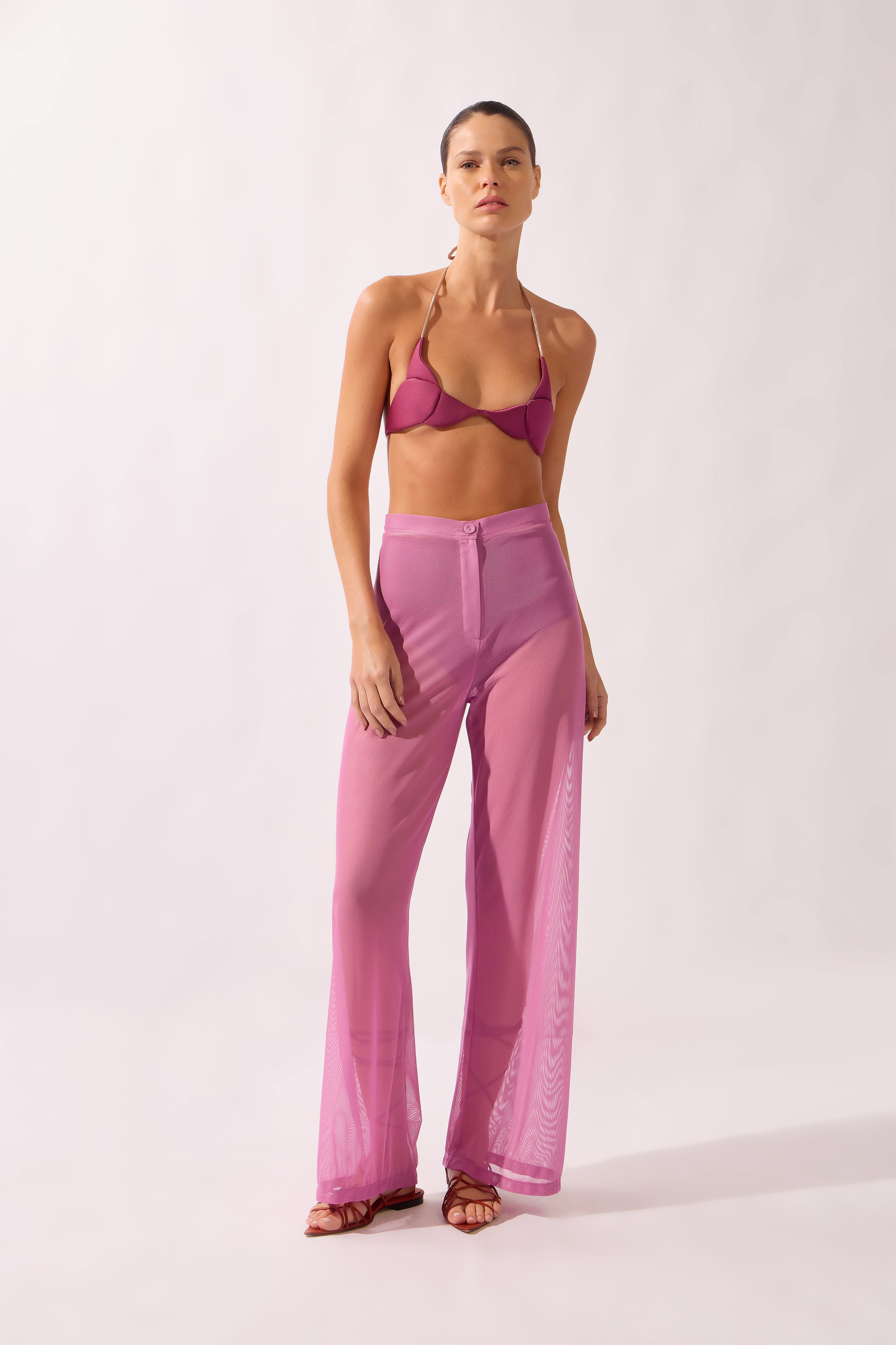 Calça Reta Tule Pois e Foliage Lisos