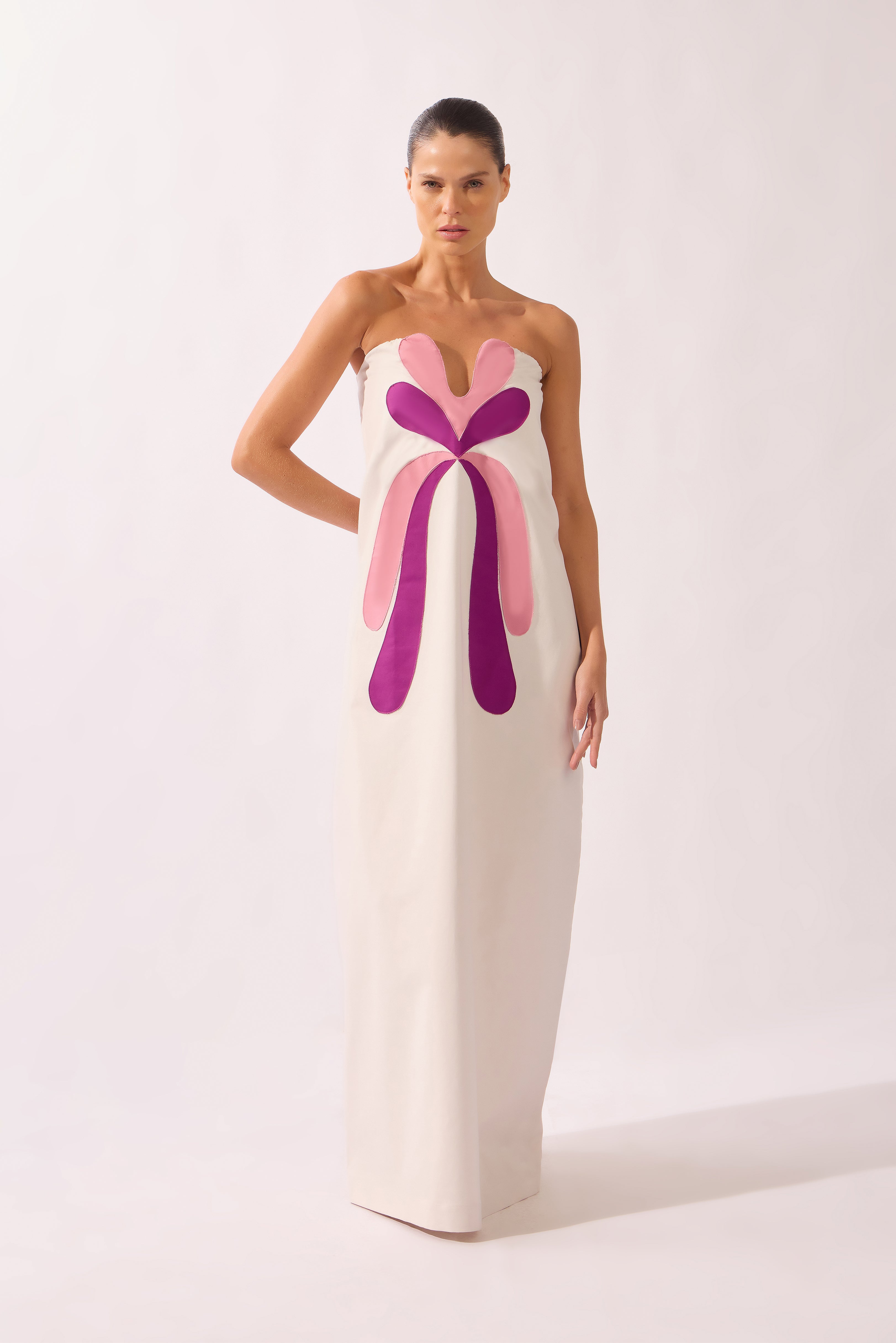 Vestido Longo Detalhe Busto Bold Floral Liso