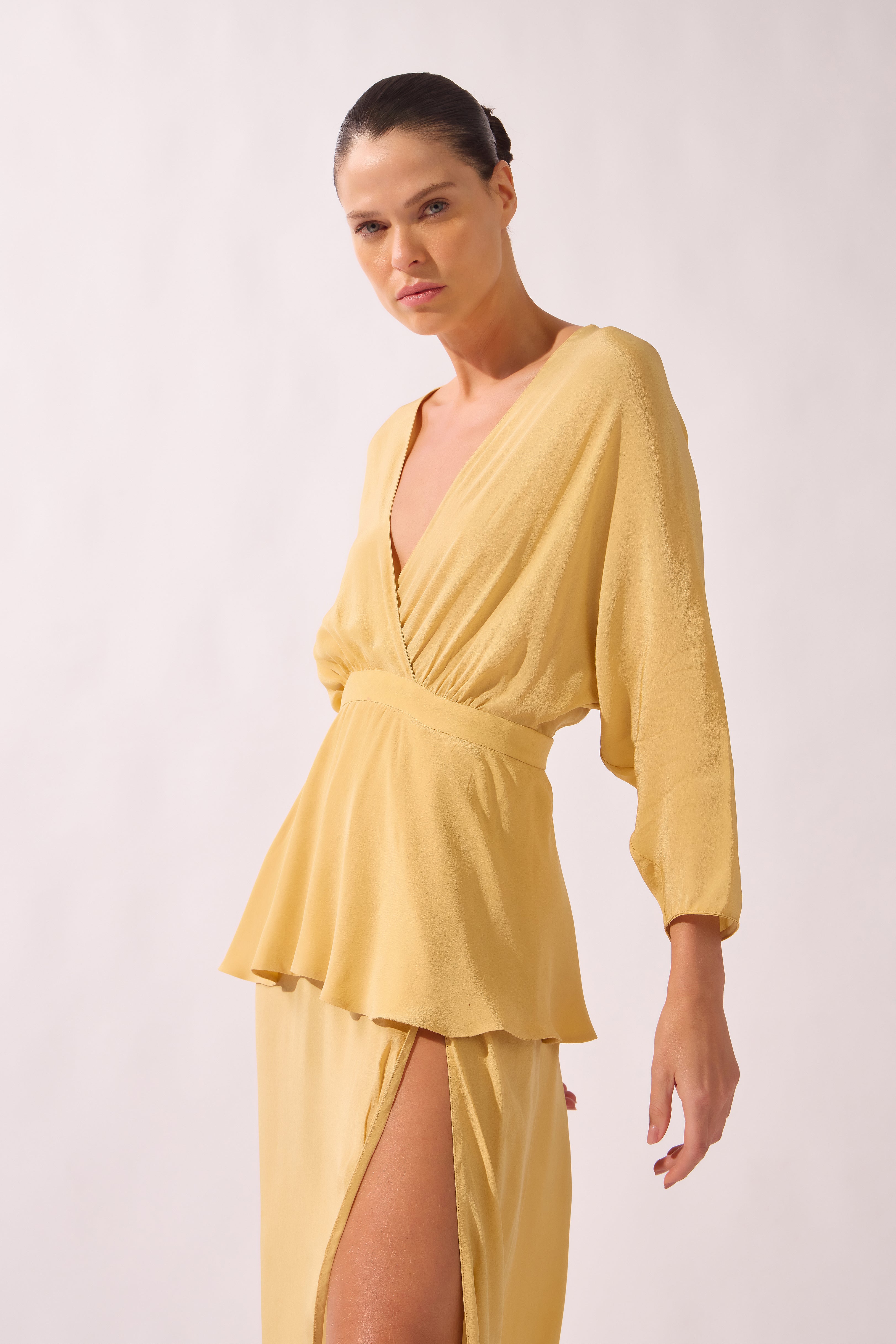 Vestido Midi Com Fenda Pois e Foliage Lisos