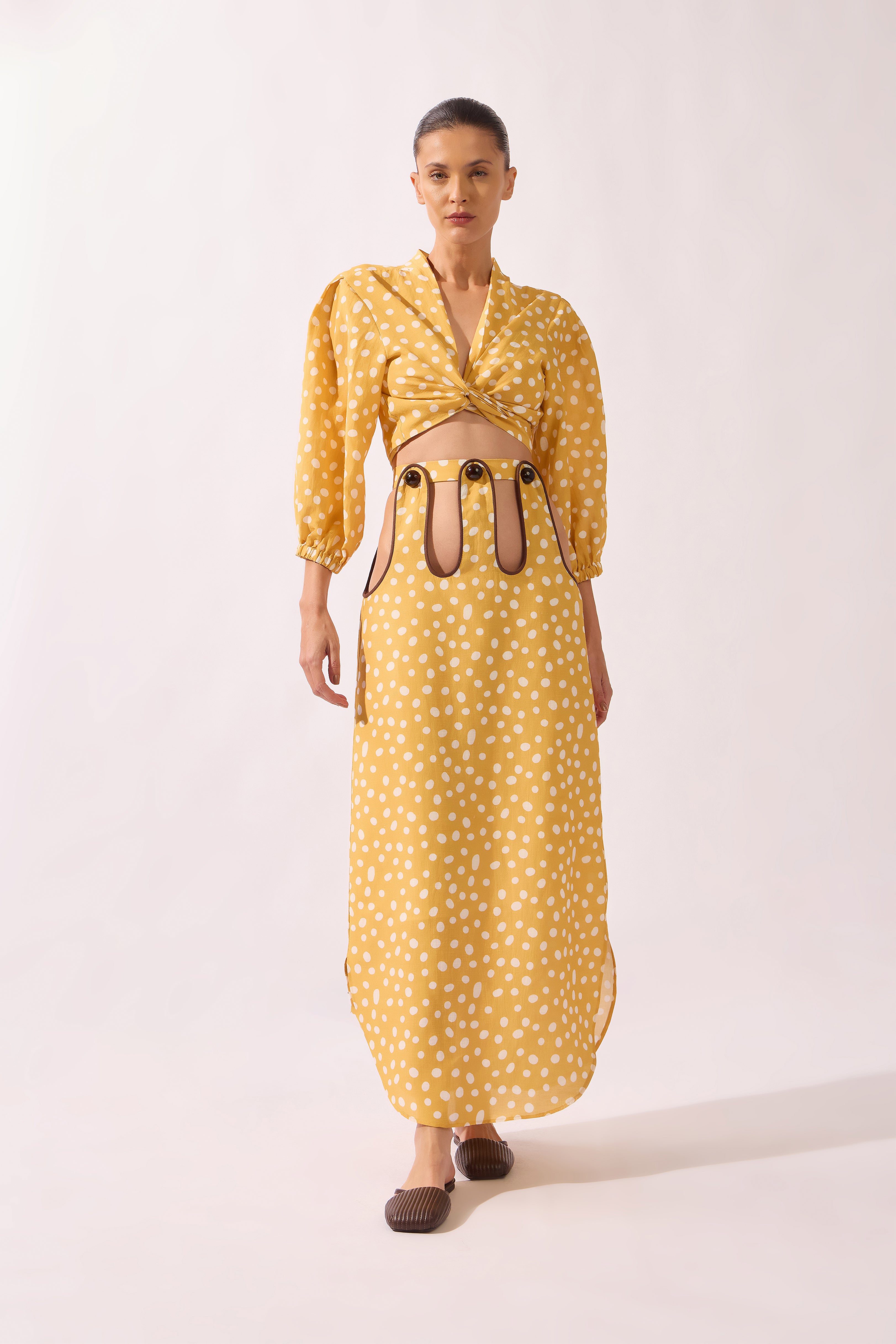 Saia Longa Vazada Cós Yellow Pois