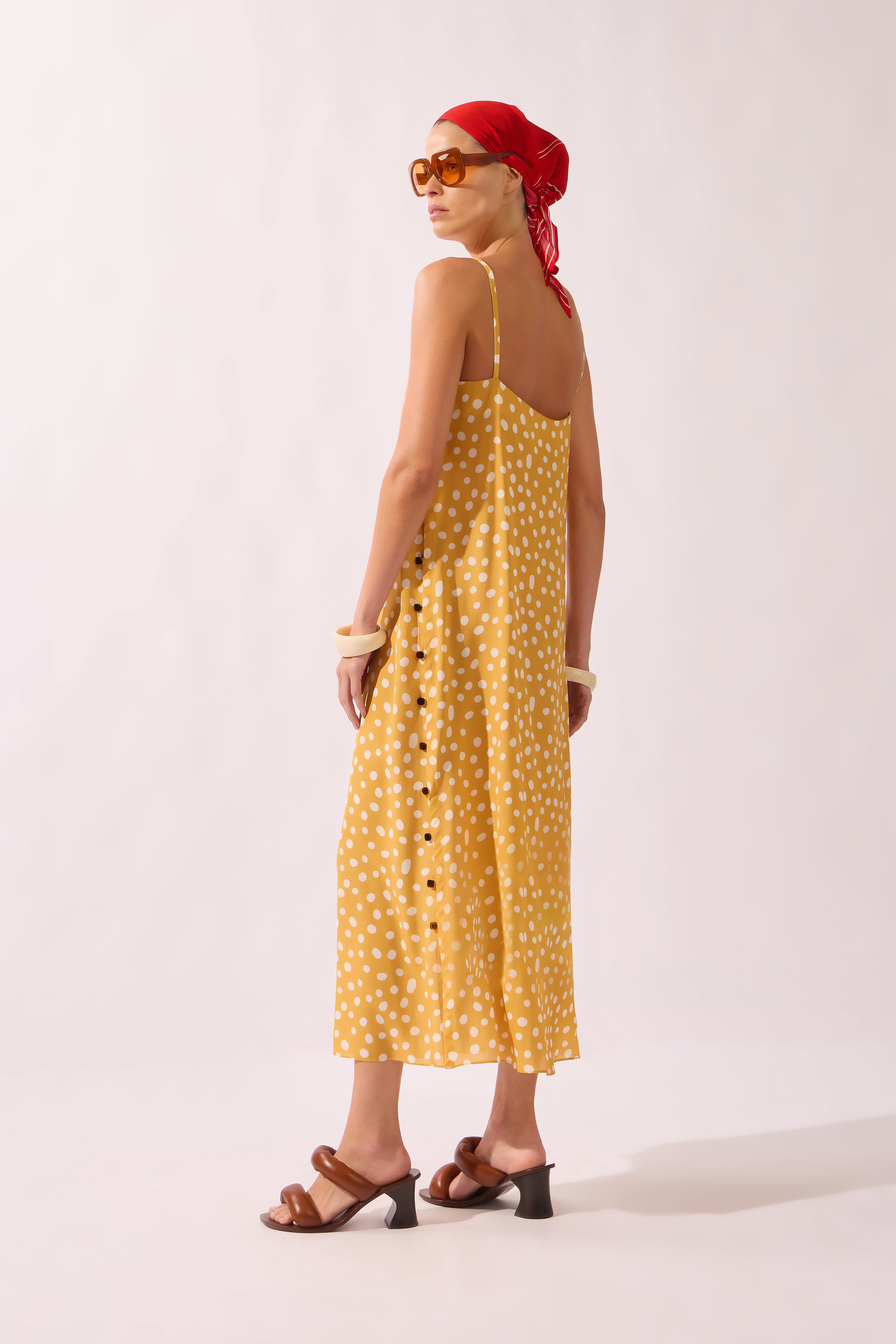 Vestido Midi Botões Laterais Yellow Pois