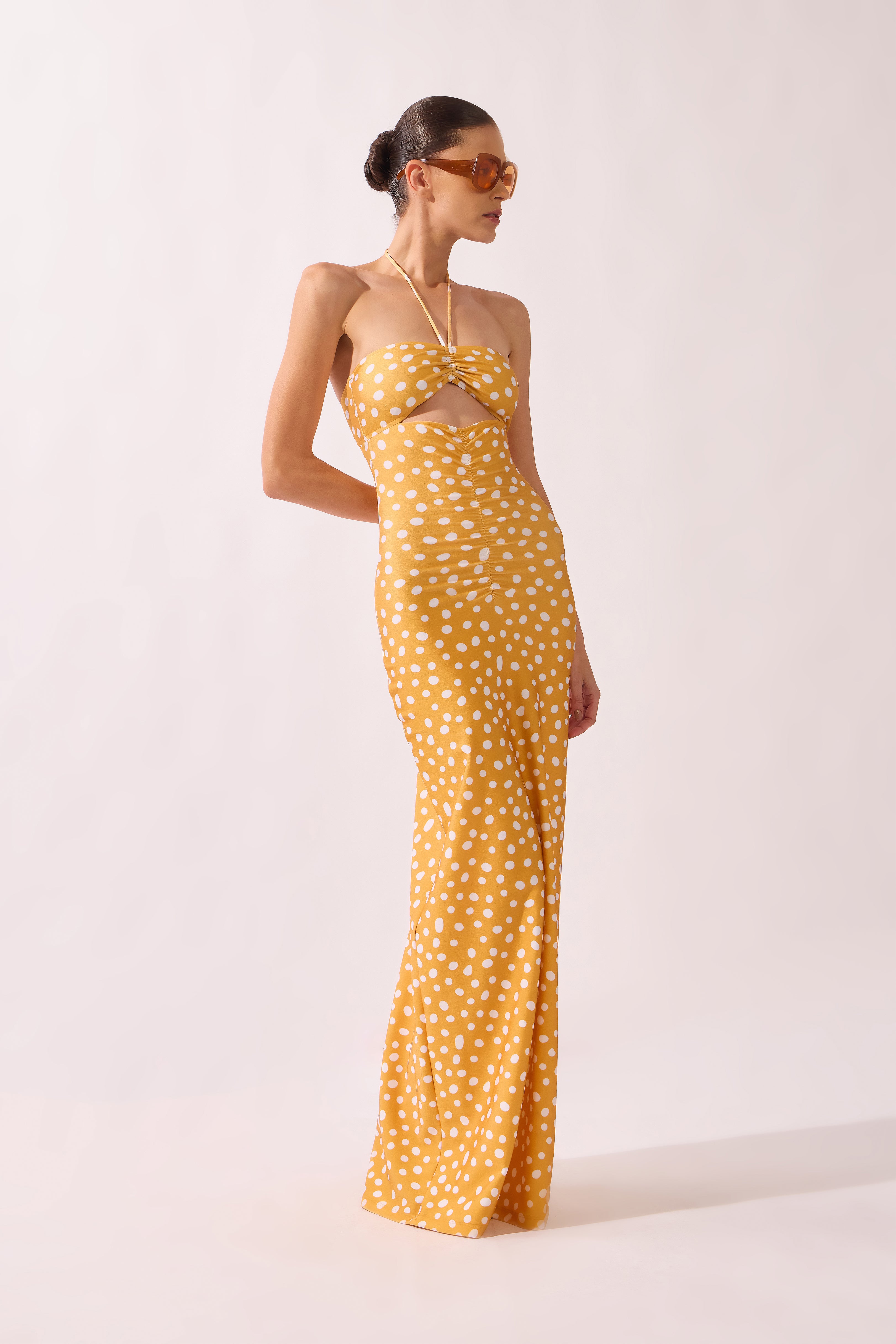 Vestido Longo Franzido Yellow Pois