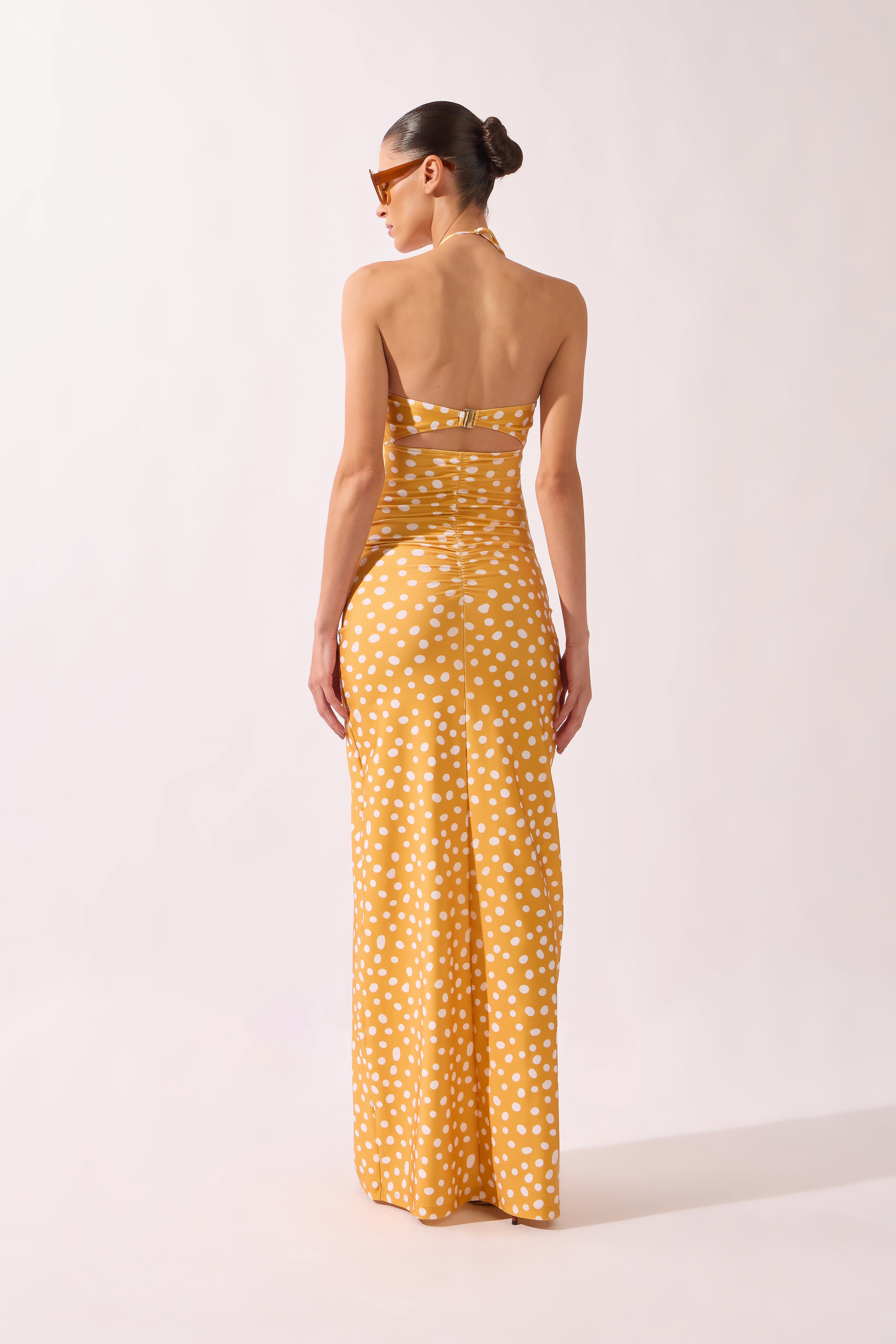Vestido Longo Franzido Yellow Pois