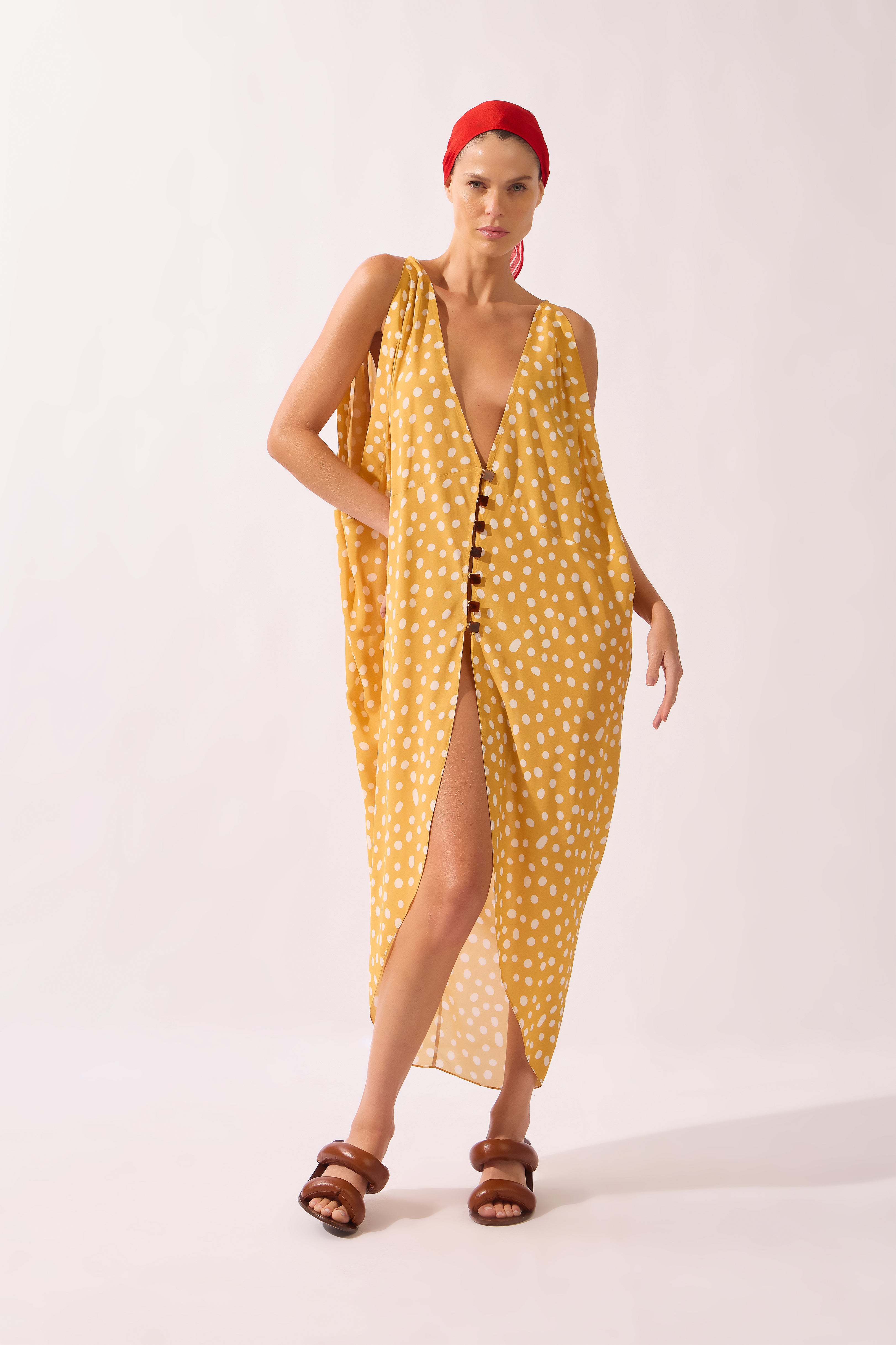 Kaftan Midi Botões Yellow Pois