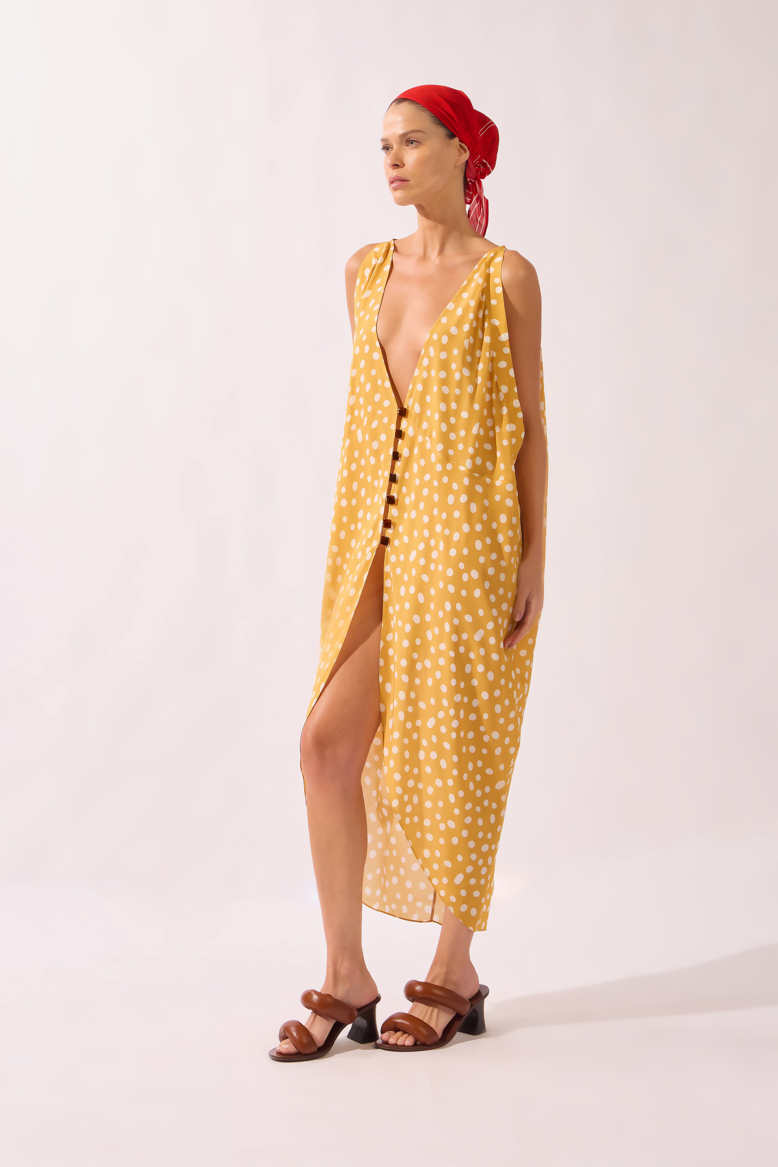 Kaftan Midi Botões Yellow Pois