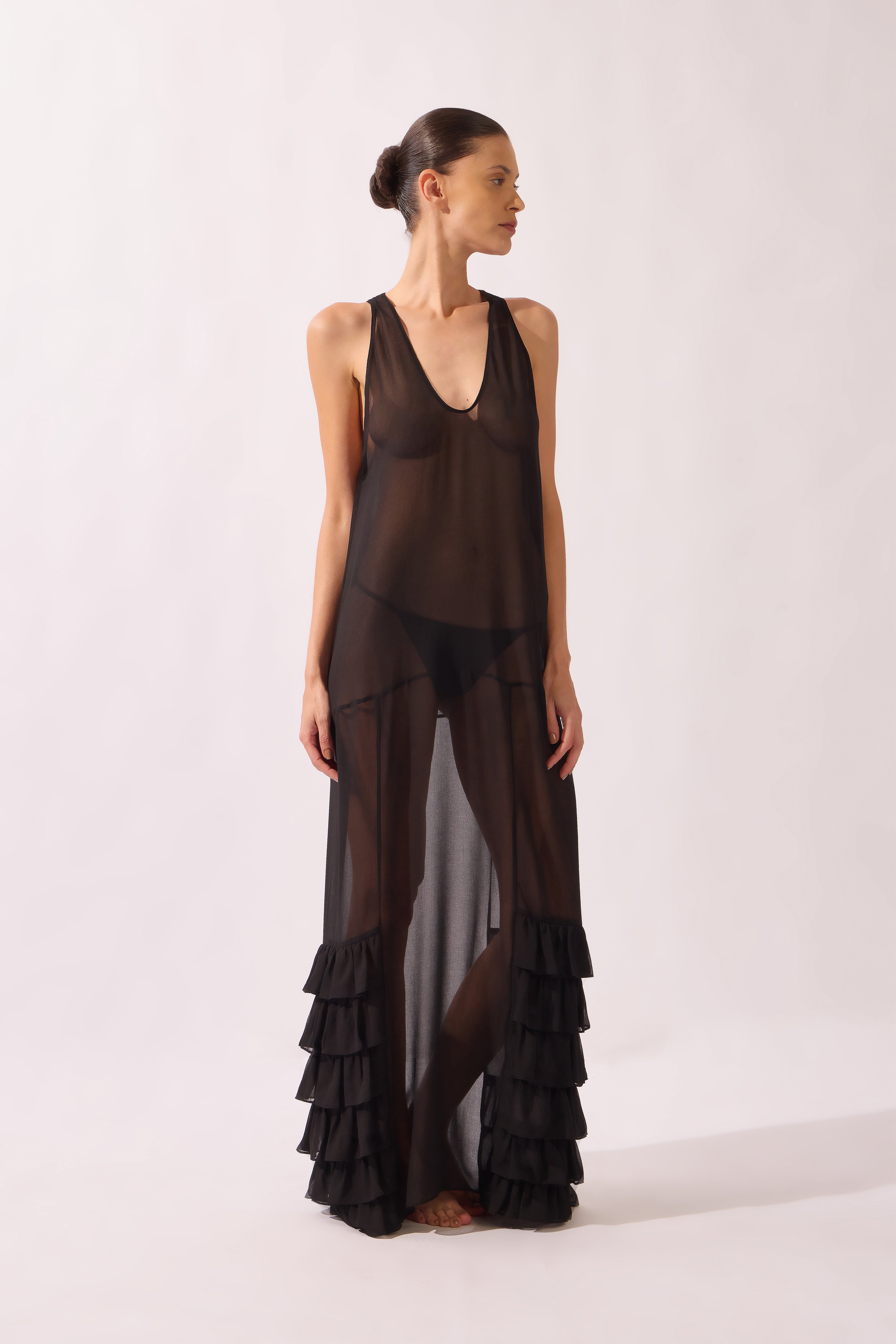 Vestido Longo Babados Pois e Foliage Lisos