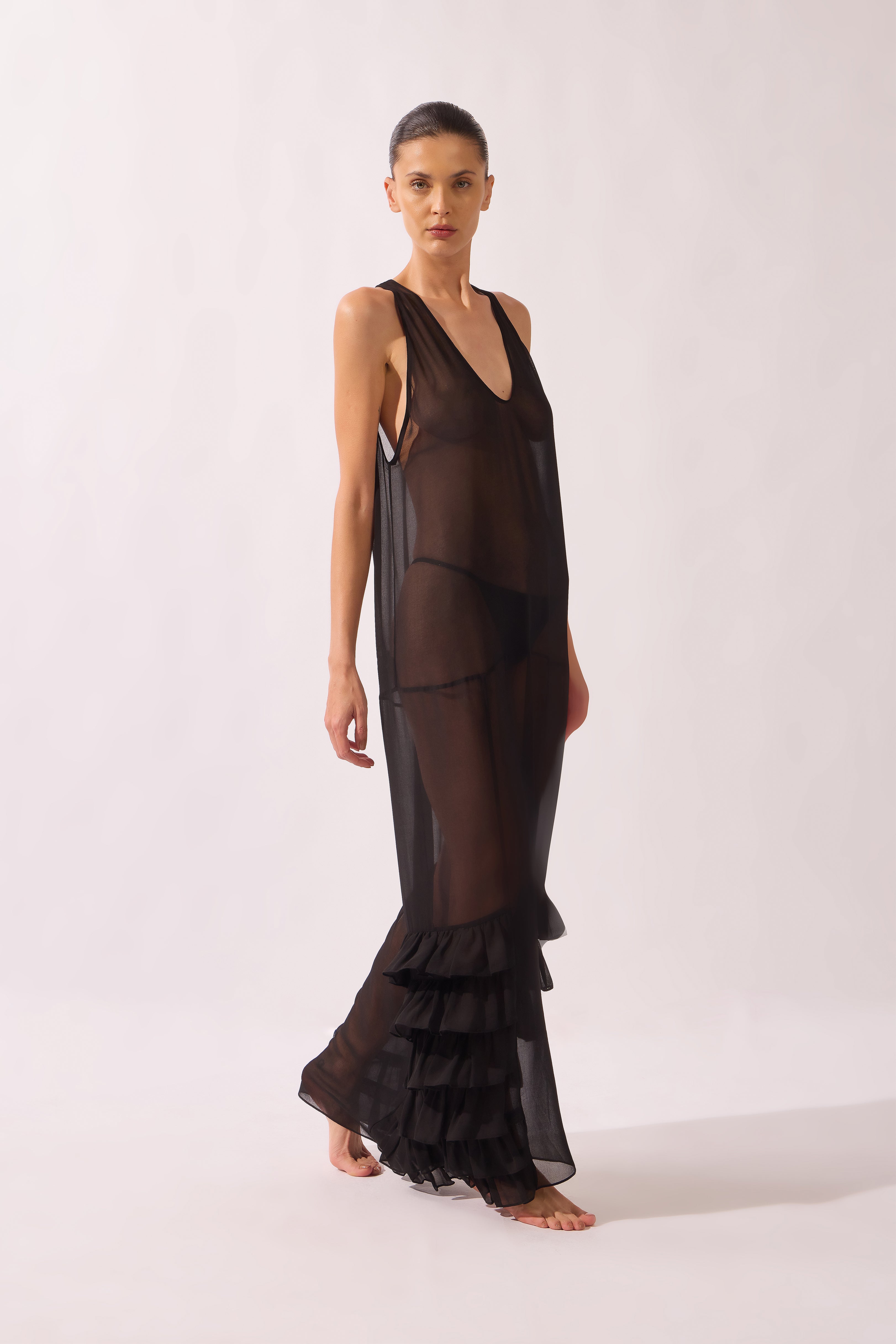 Vestido Longo Babados Pois e Foliage Lisos