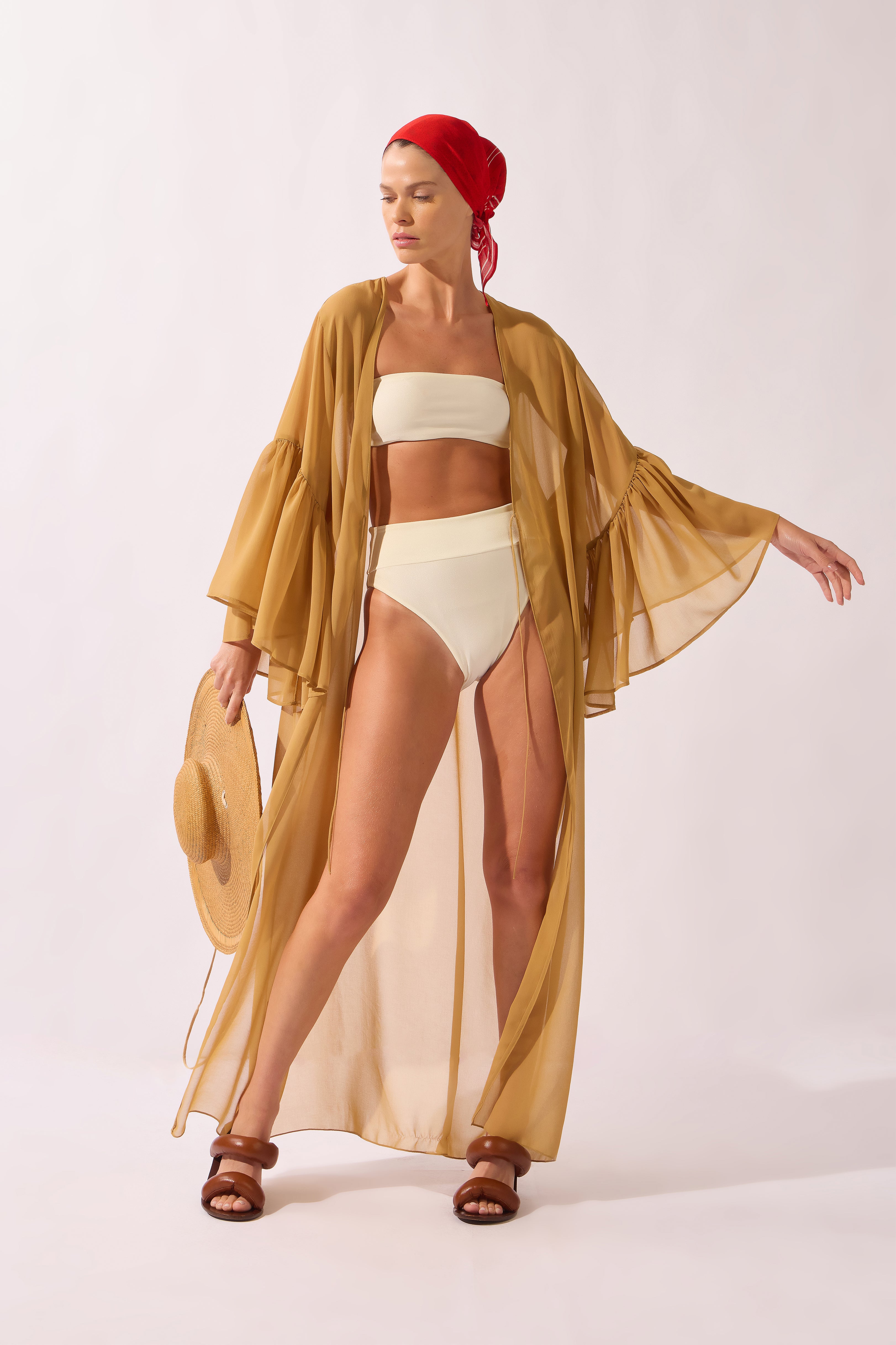 Robe Longo Manga Babado Pois e Foliage Lisos