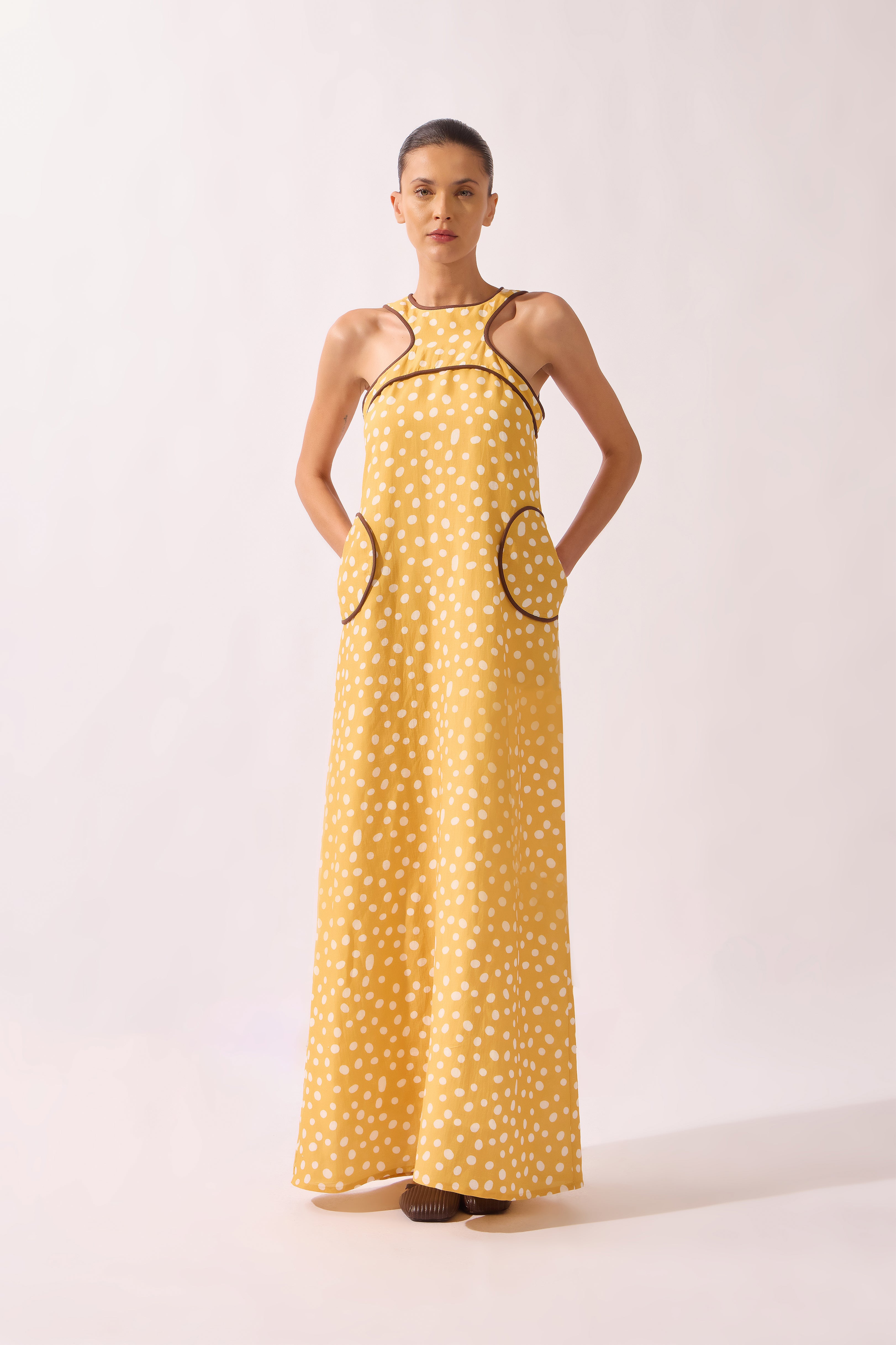 Vestido Longo Bolso Redondo Yellow Pois