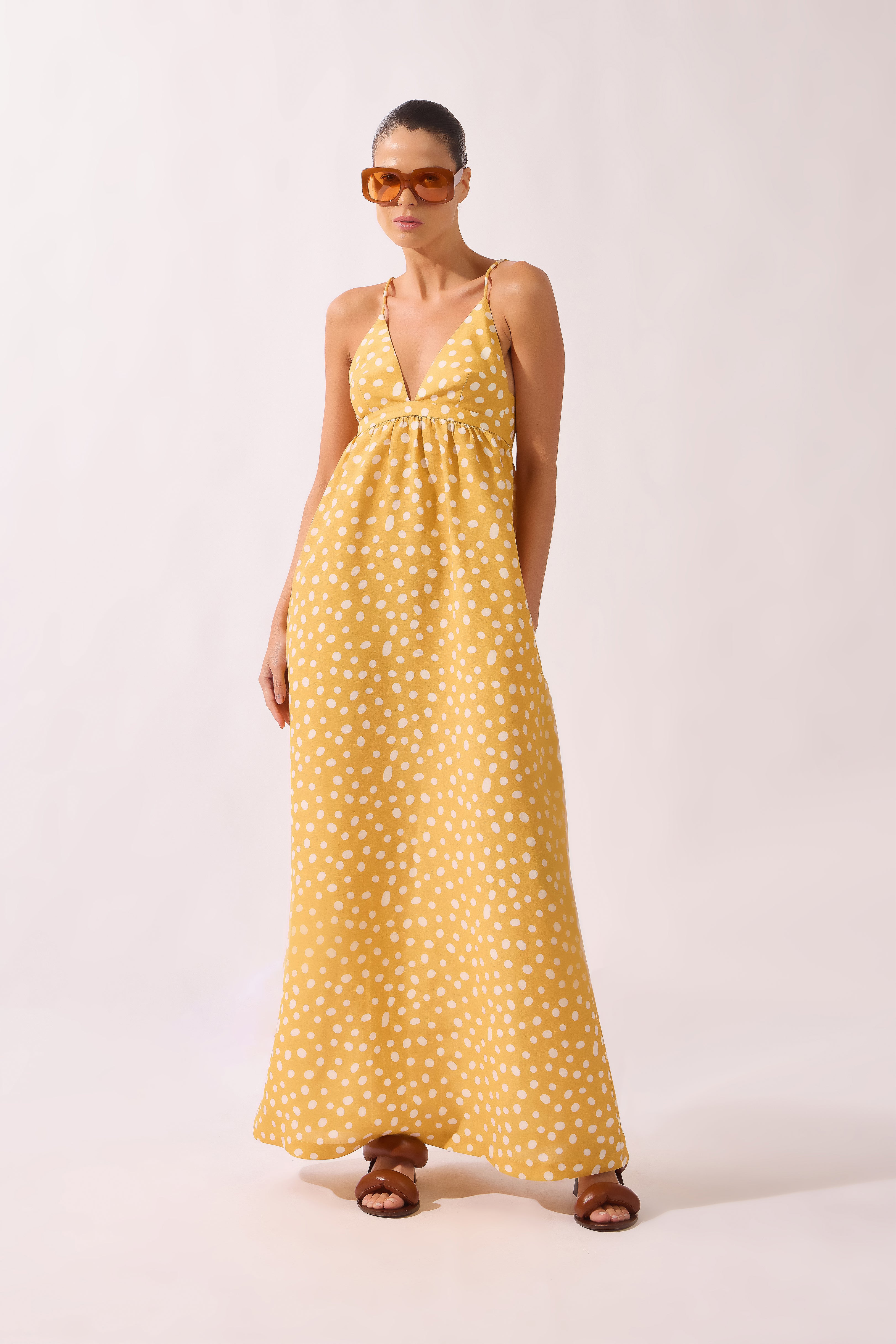 Vestido Longo Franzido No Busto Yellow Pois