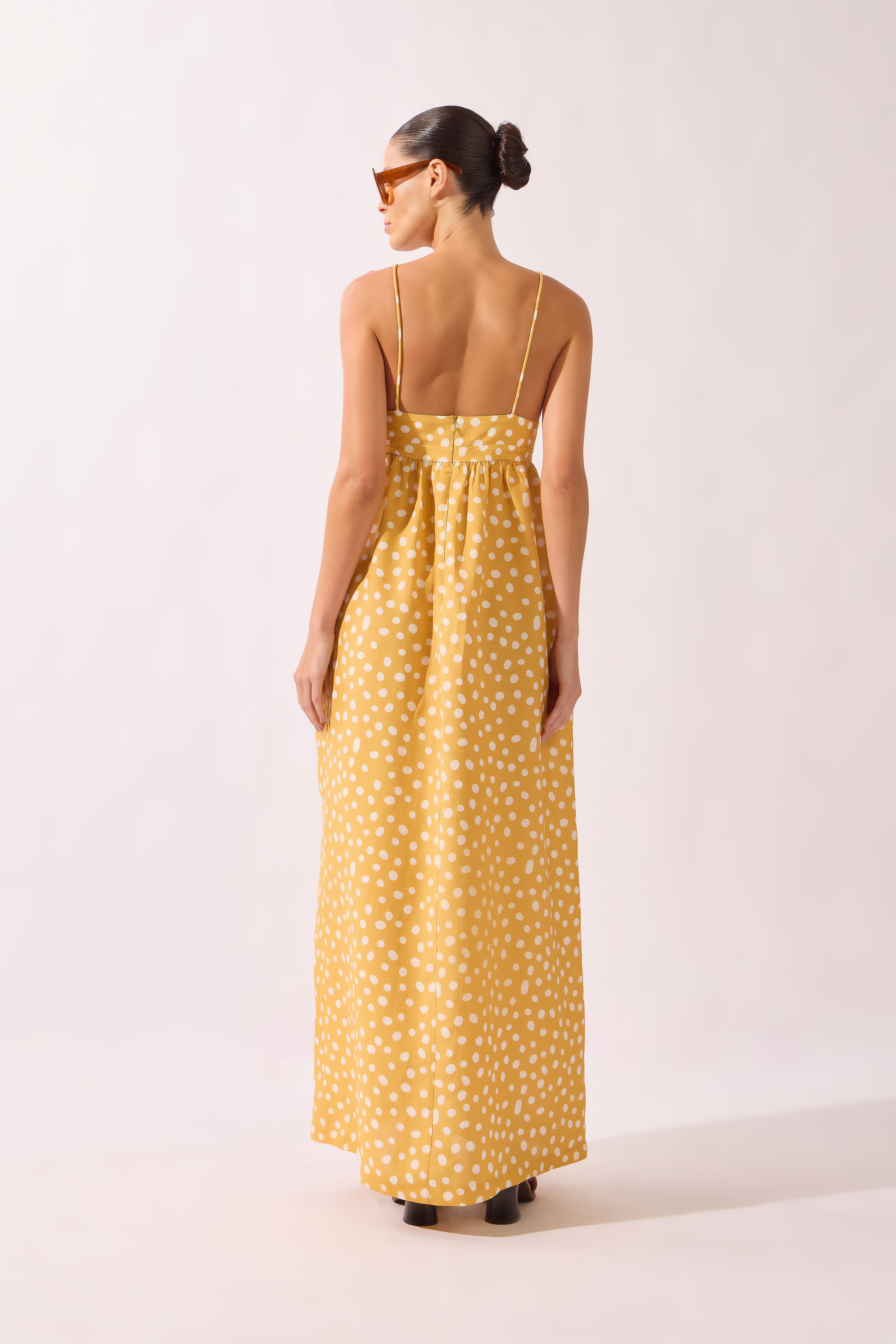 Vestido Longo Franzido No Busto Yellow Pois