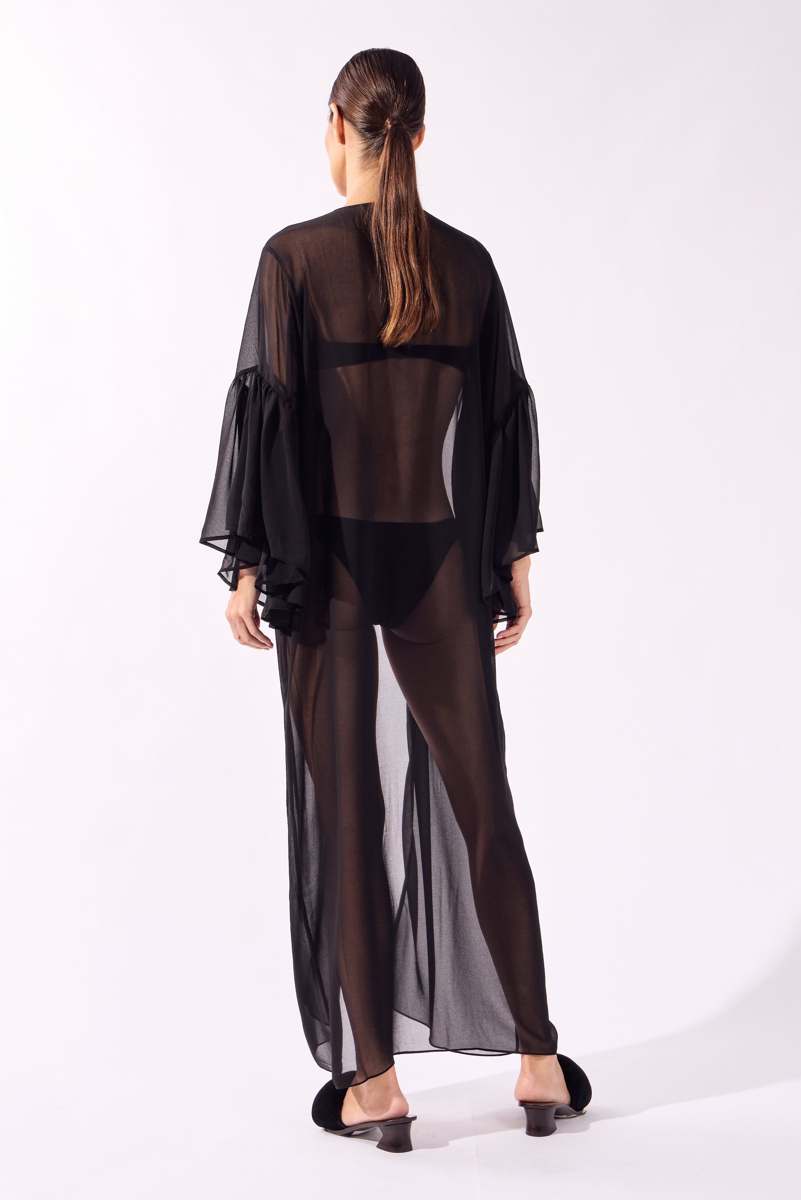 Robe Longo Manga Babado Pois e Foliage Lisos