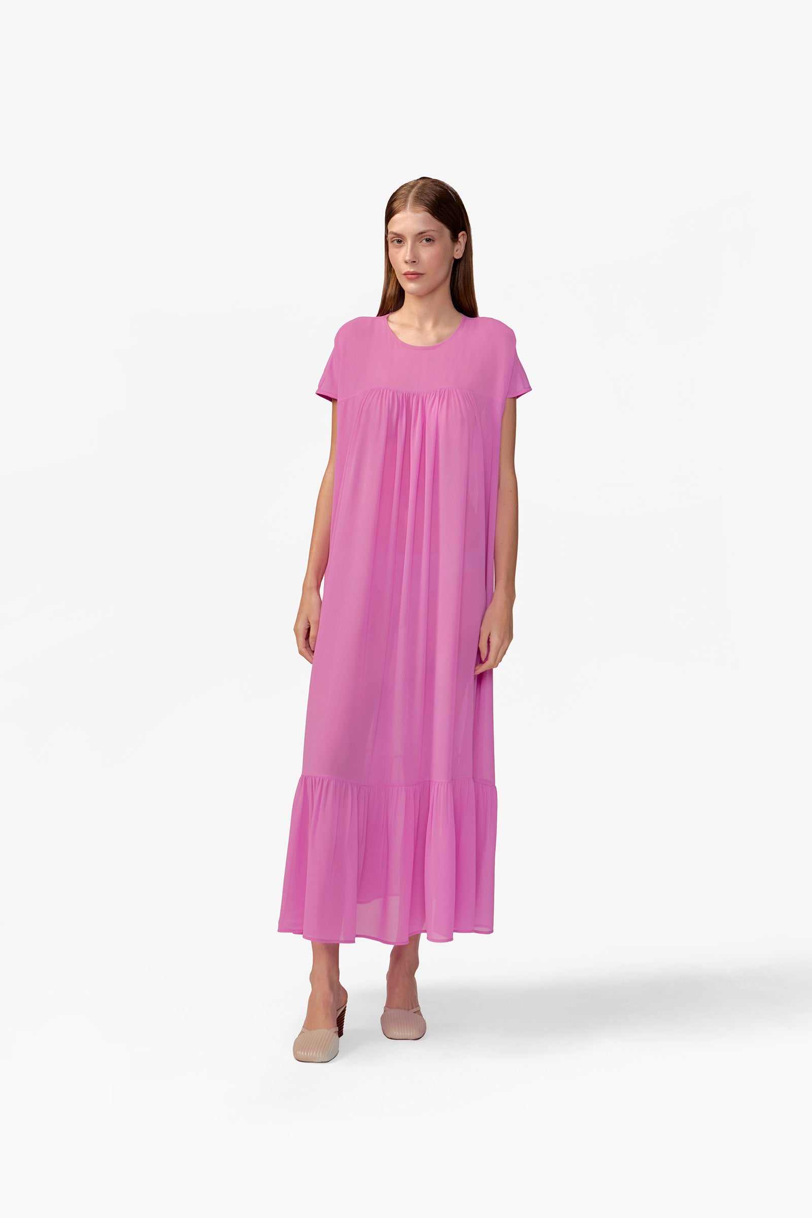 Vestido Longo Manga Curta Babados Baleares Liso