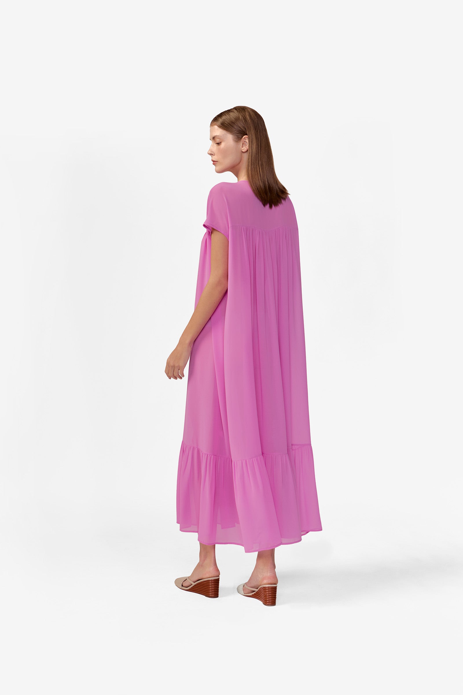 Vestido Longo Manga Curta Babados Baleares Liso