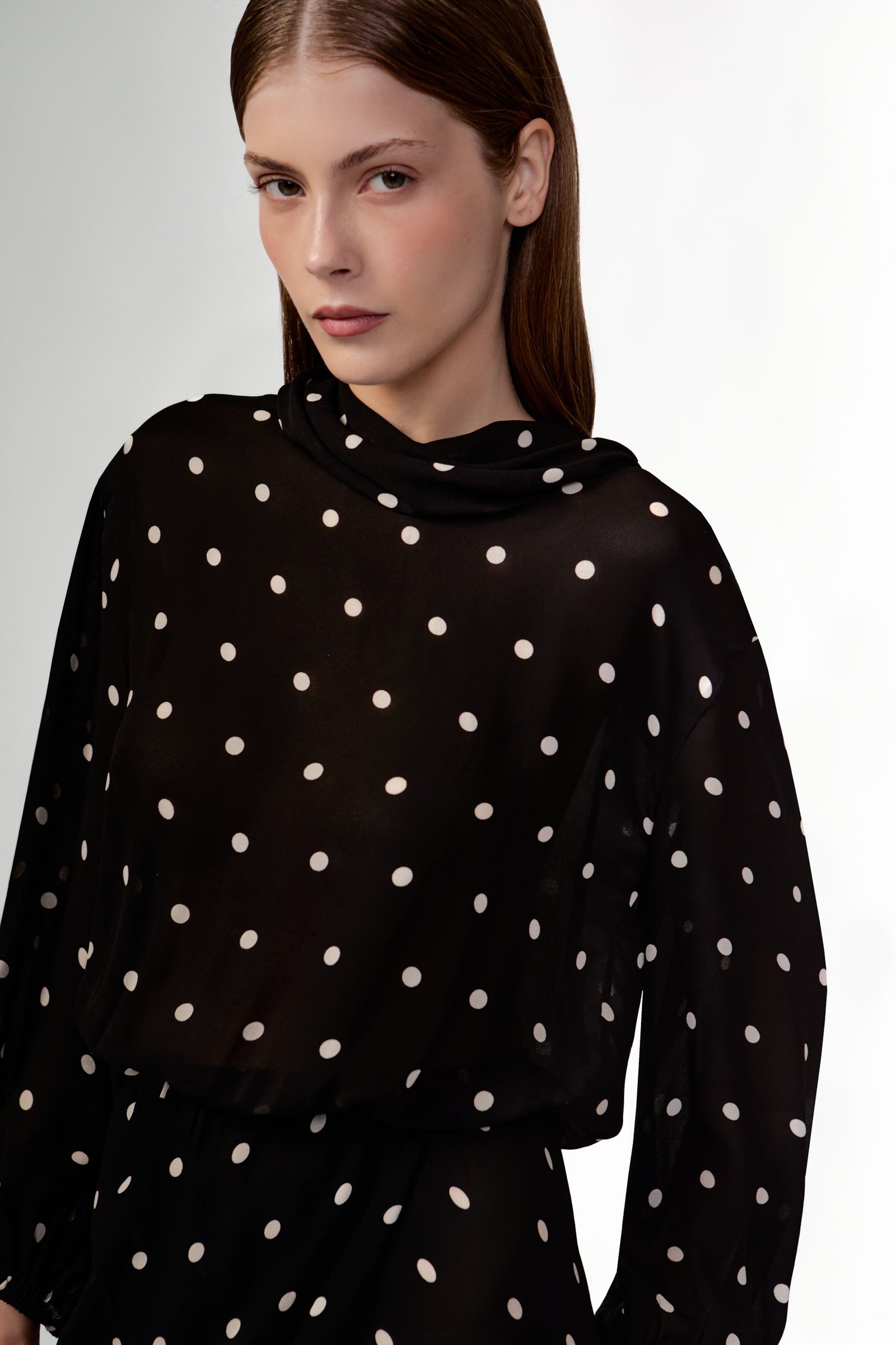 Vestido Midi Manga Longa Mix Pois