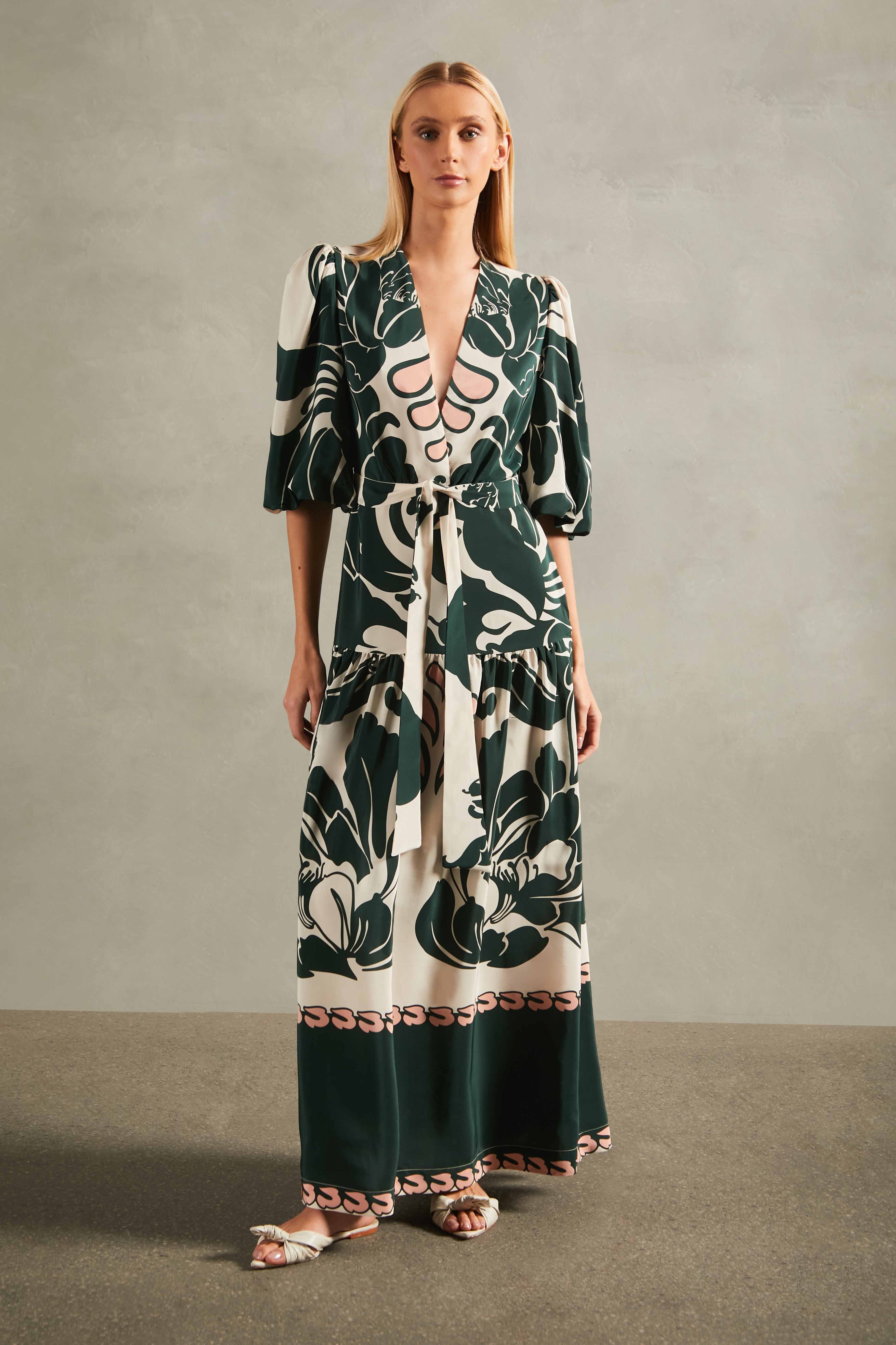 Vestido Longo Decote V Spray Off Flower