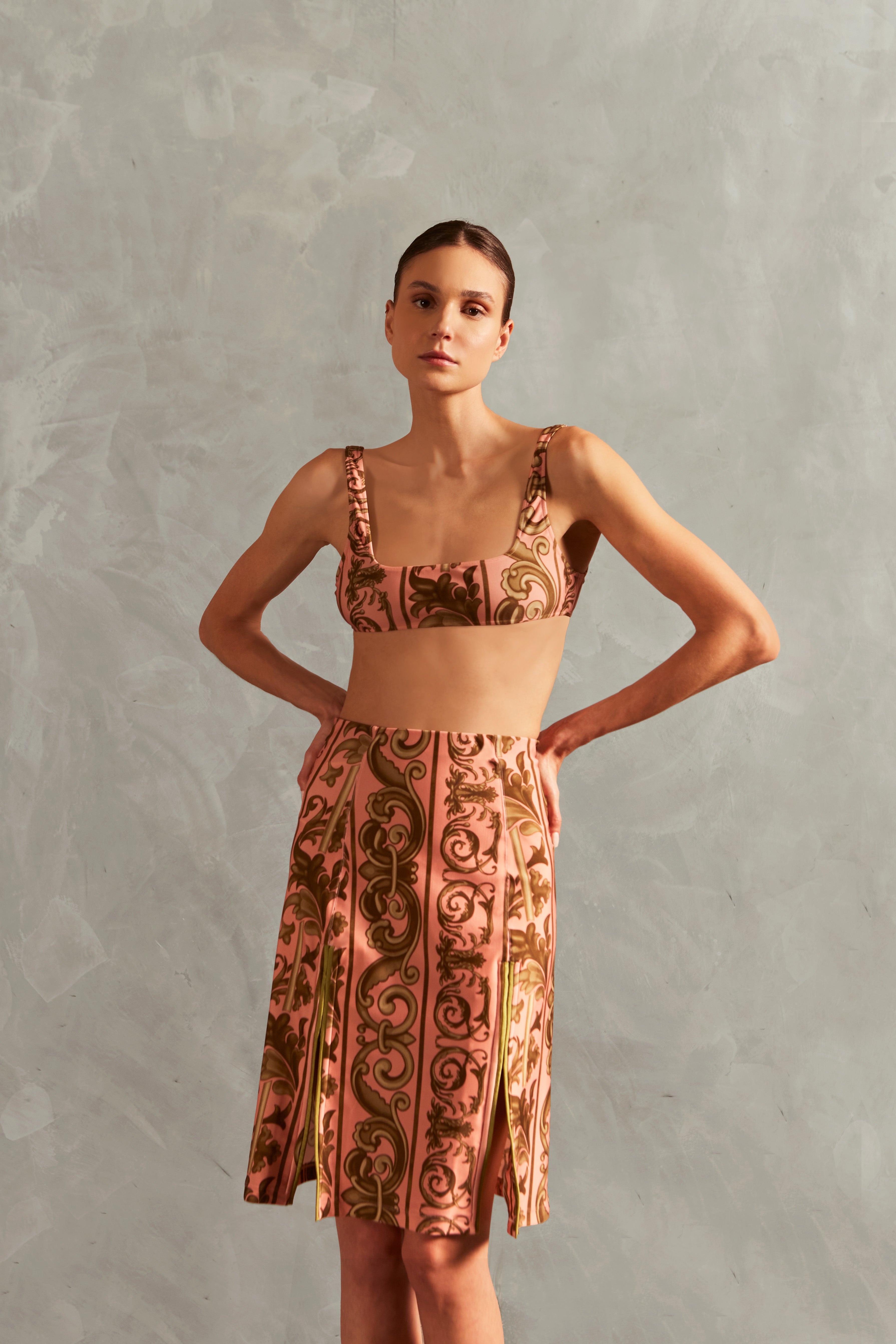 Conjunto Top E Saias Fenda Hera Rosa