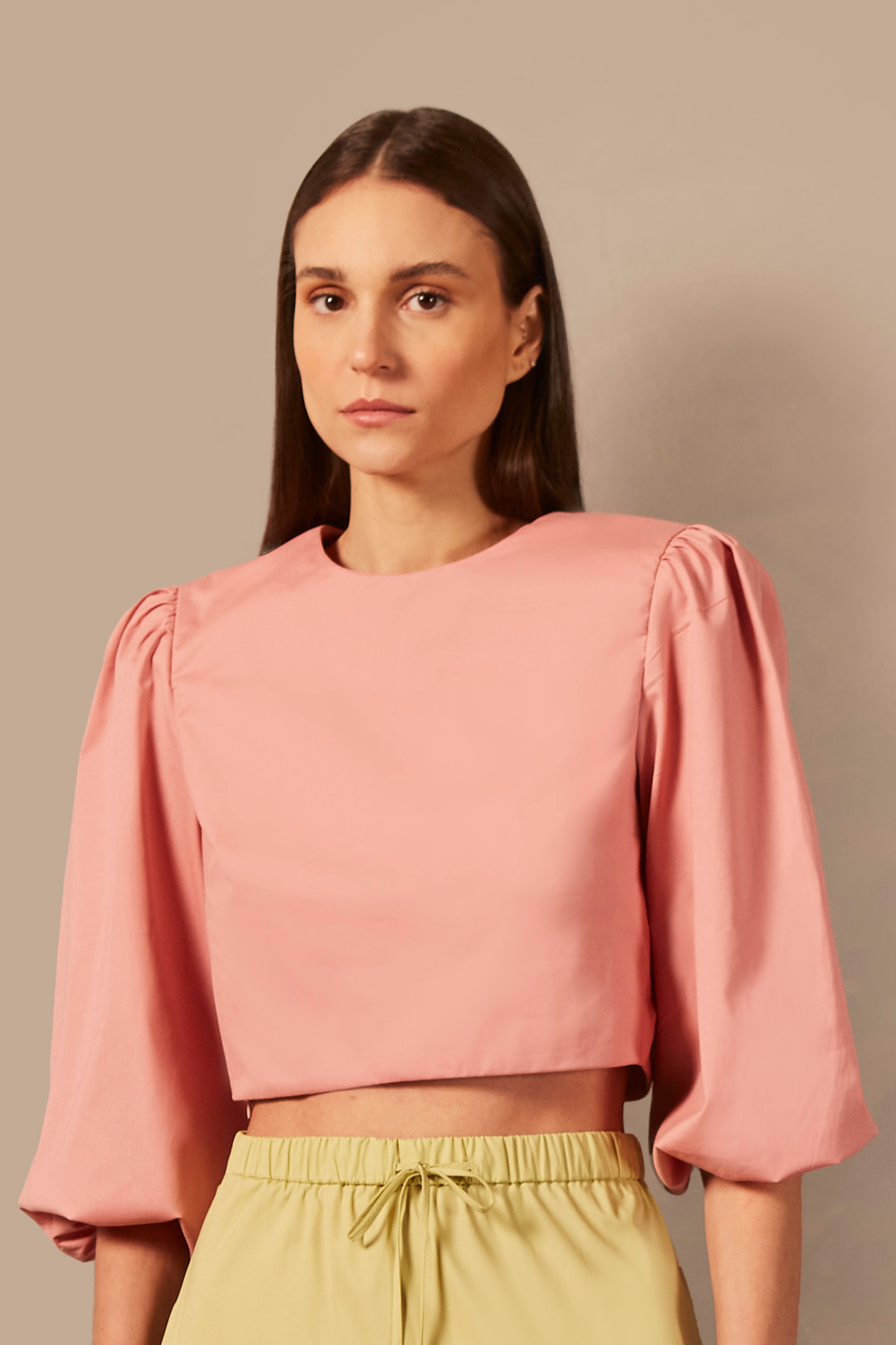 Blusa Cropped Manga Bufante Giardino Lisos