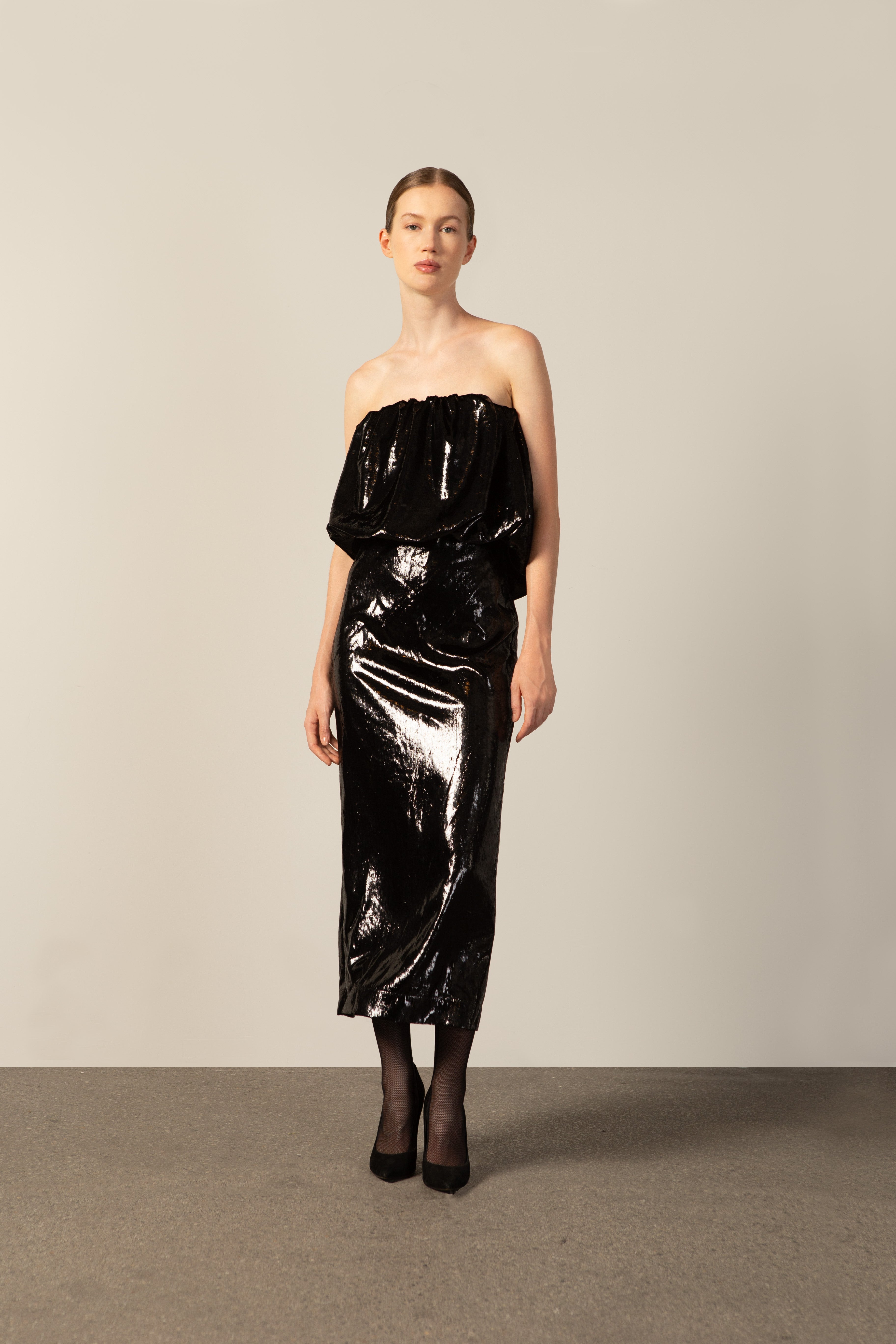 Saia Reta Midi Veludo Lamê