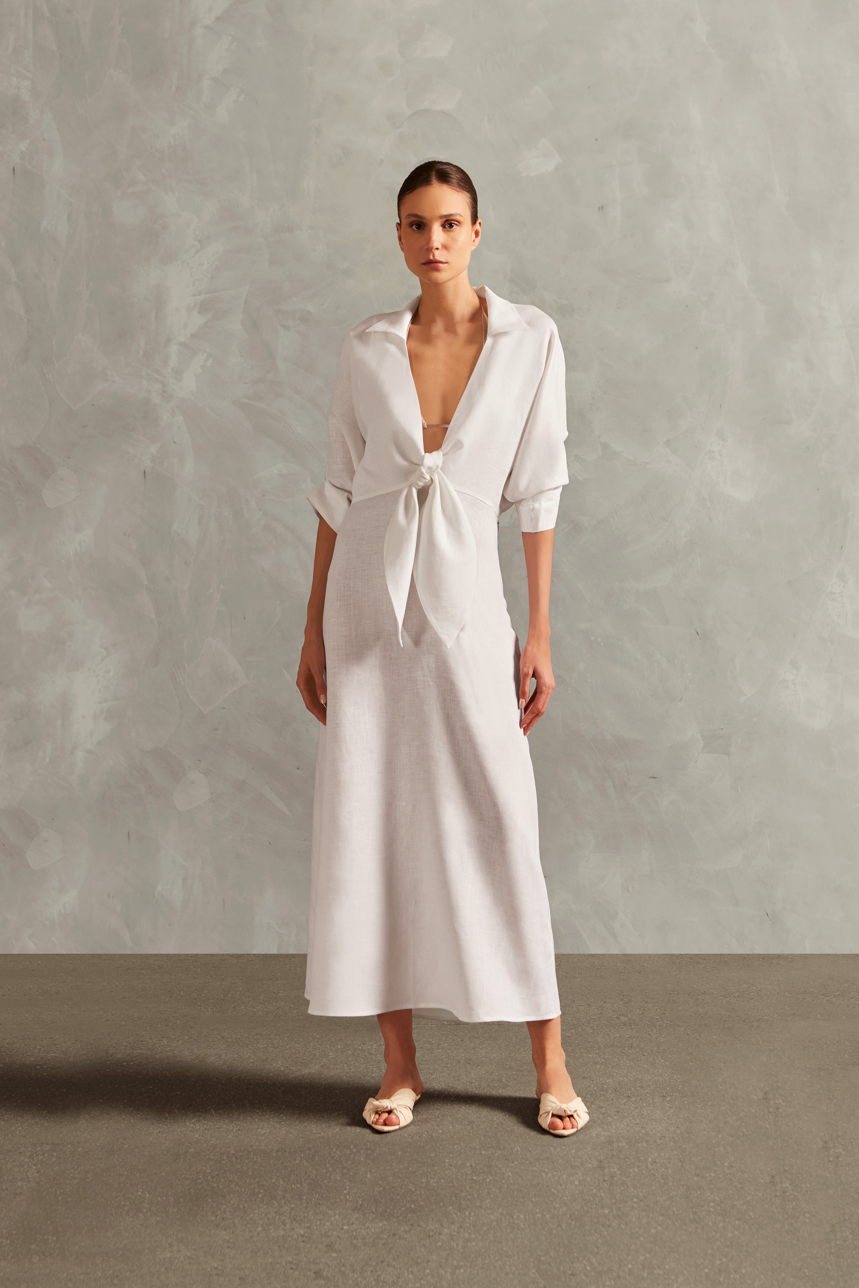 Vestido Longo Amarração Decote V Linho