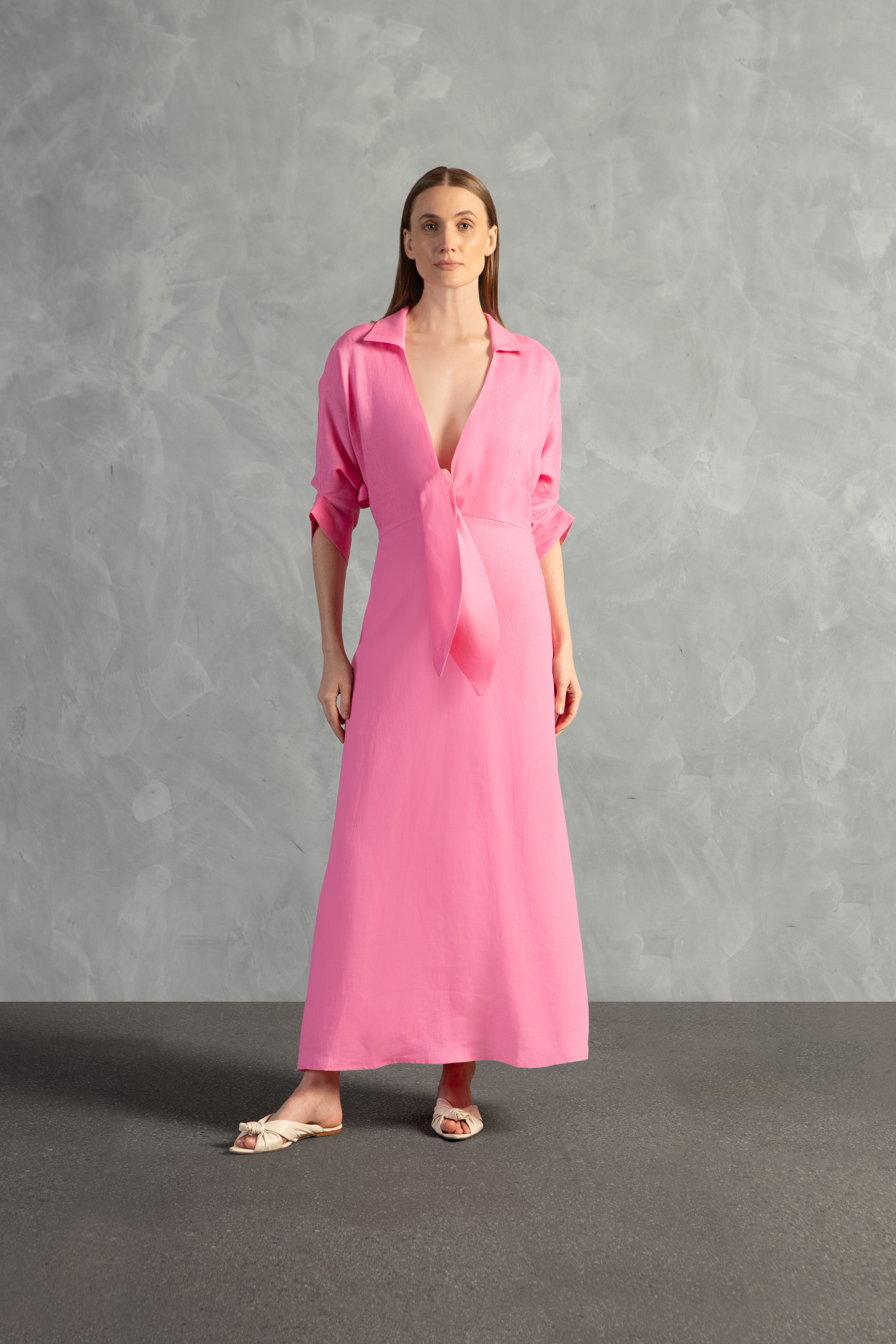 Vestido Longo Amarração Decote V Linho