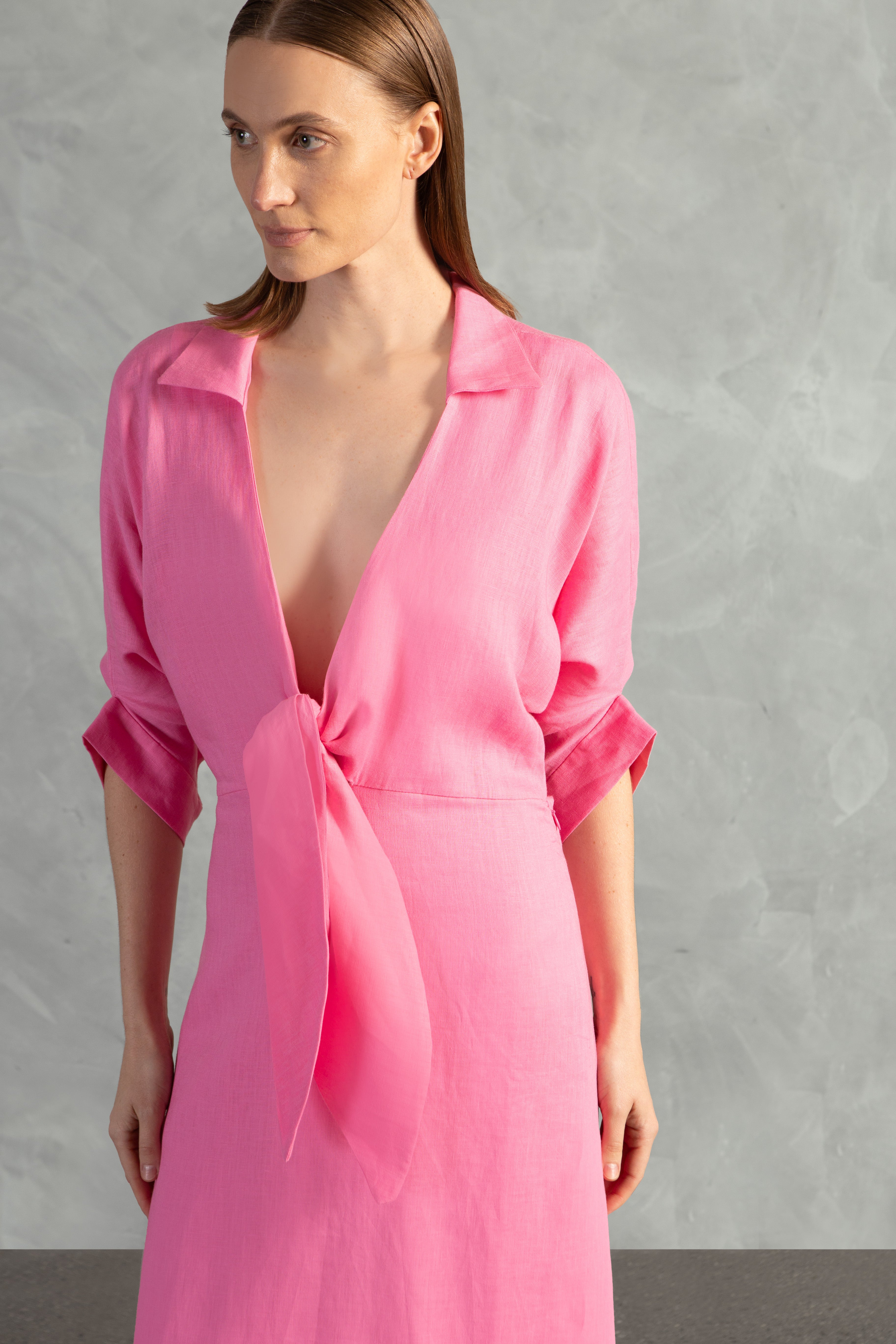 Vestido Longo Amarração Decote V Linho