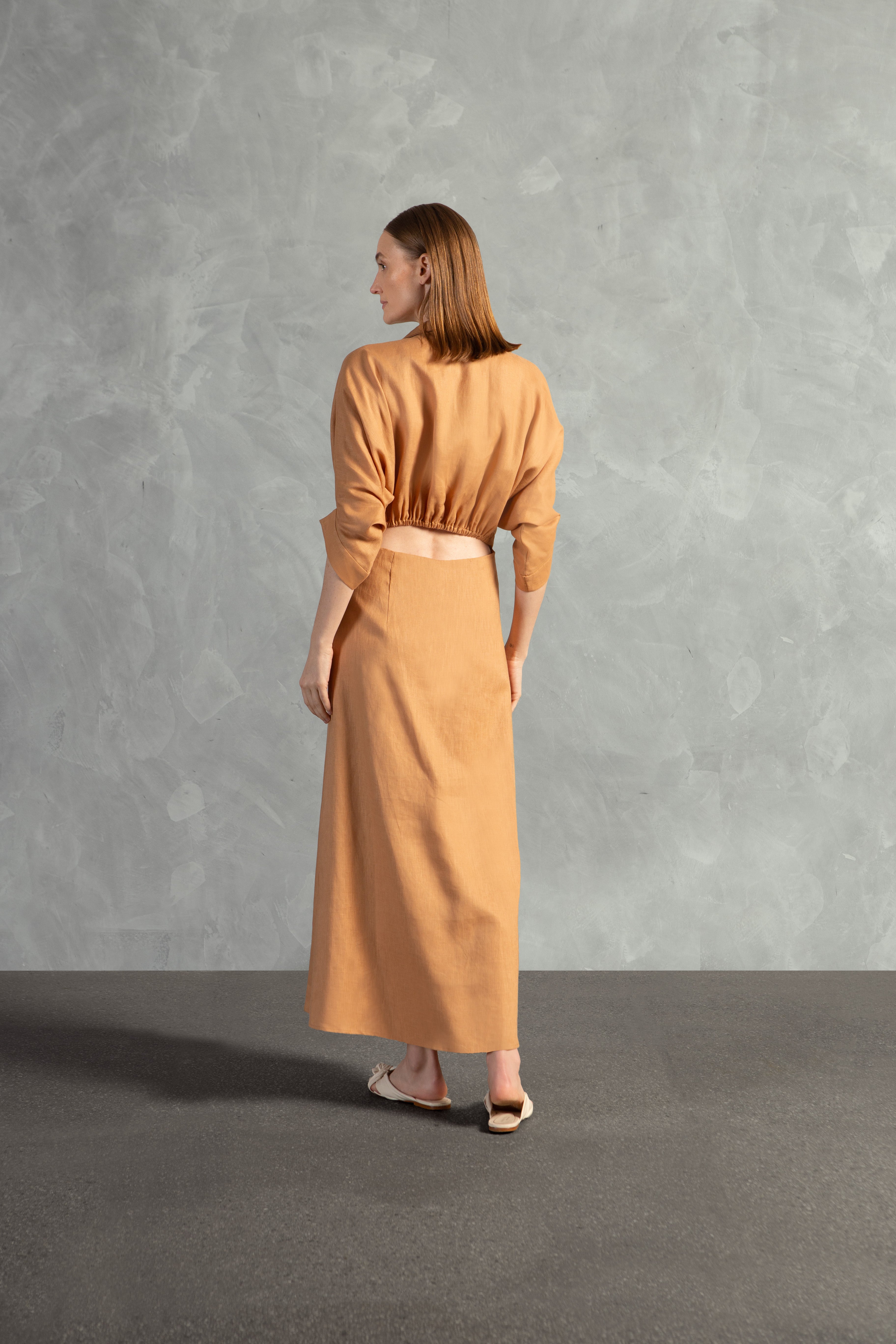 Vestido Longo Amarração Decote V Linho