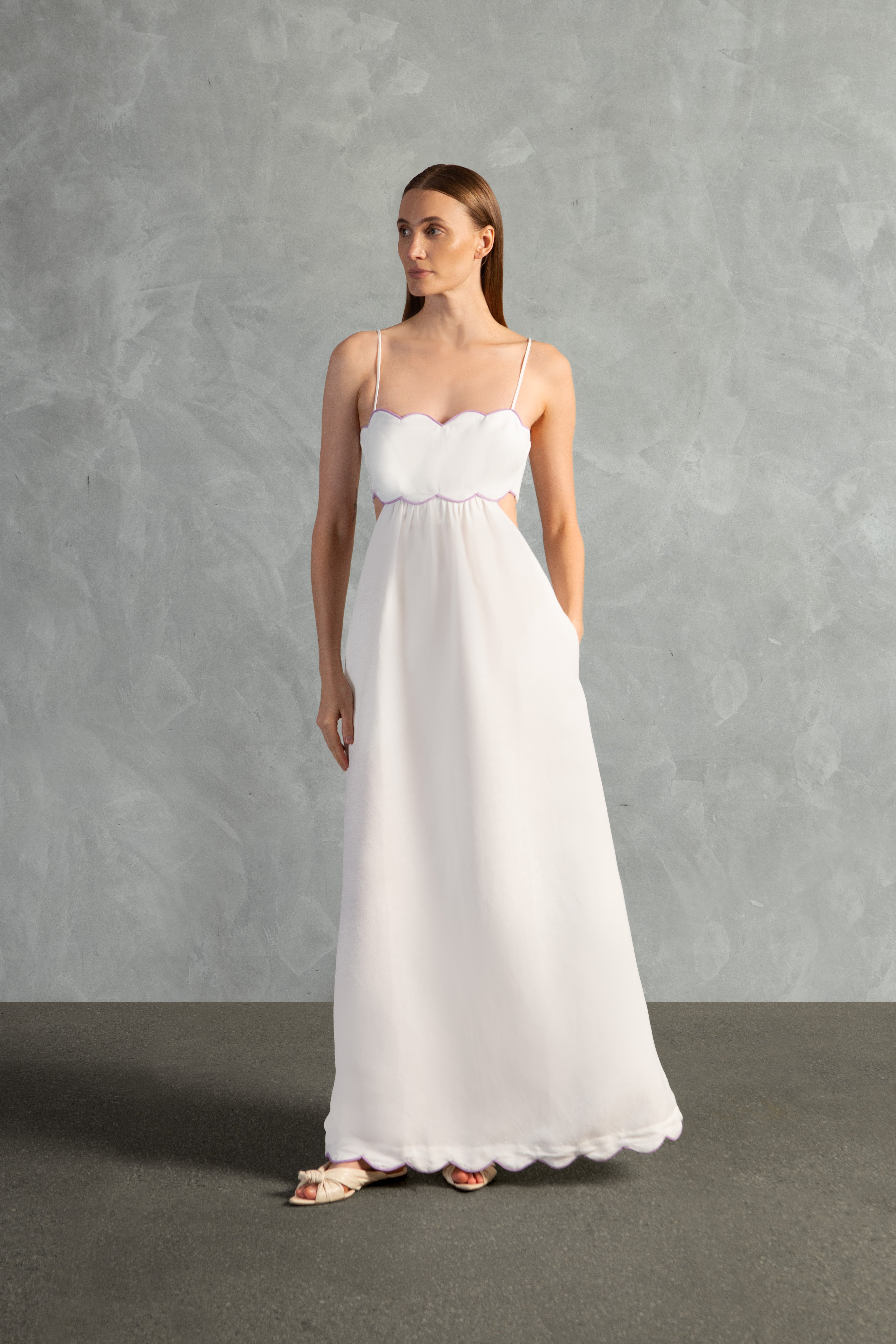 Vestido Longo Vazado Detalhe Ondas Linho