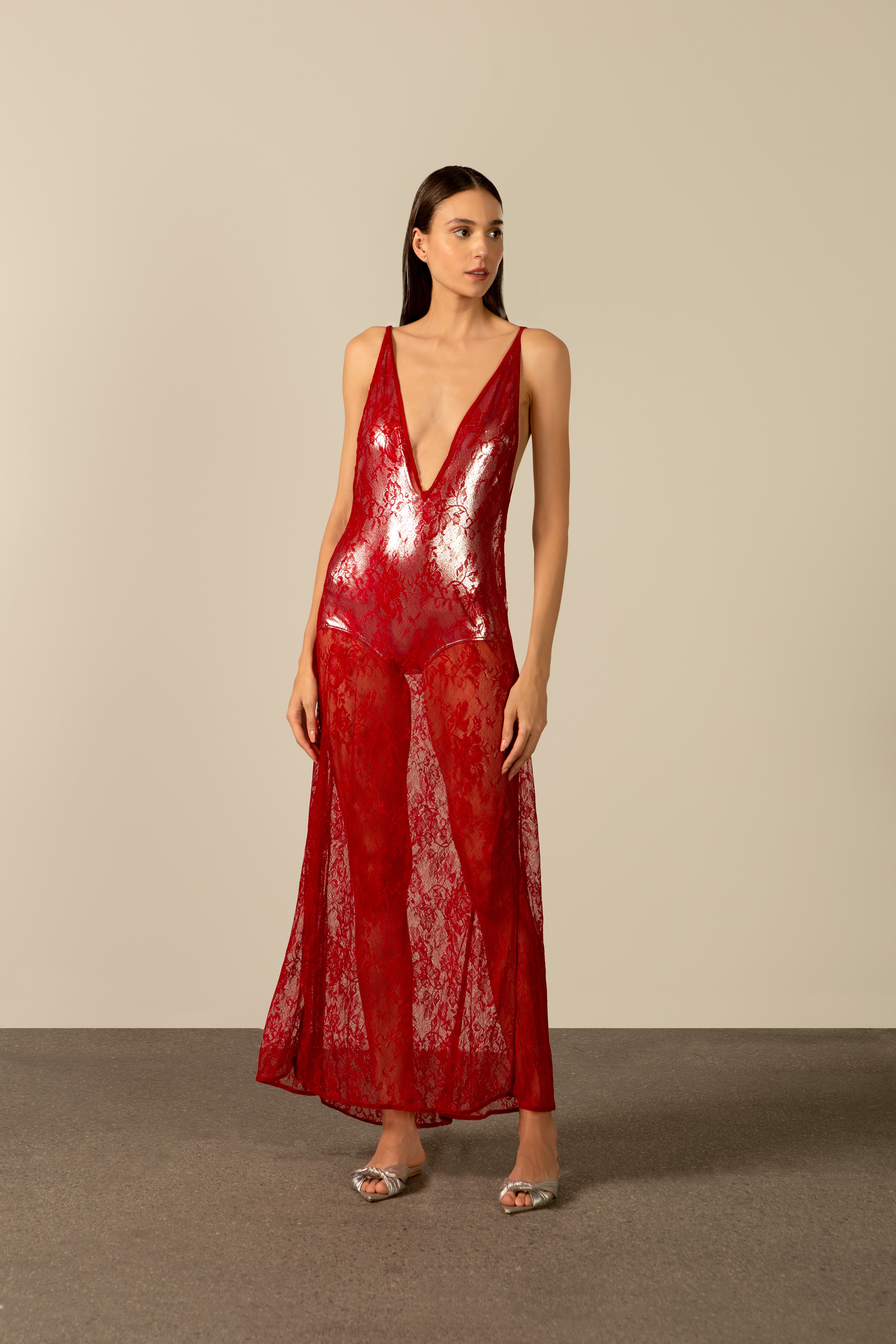 Vestido Longo Decote V Renda