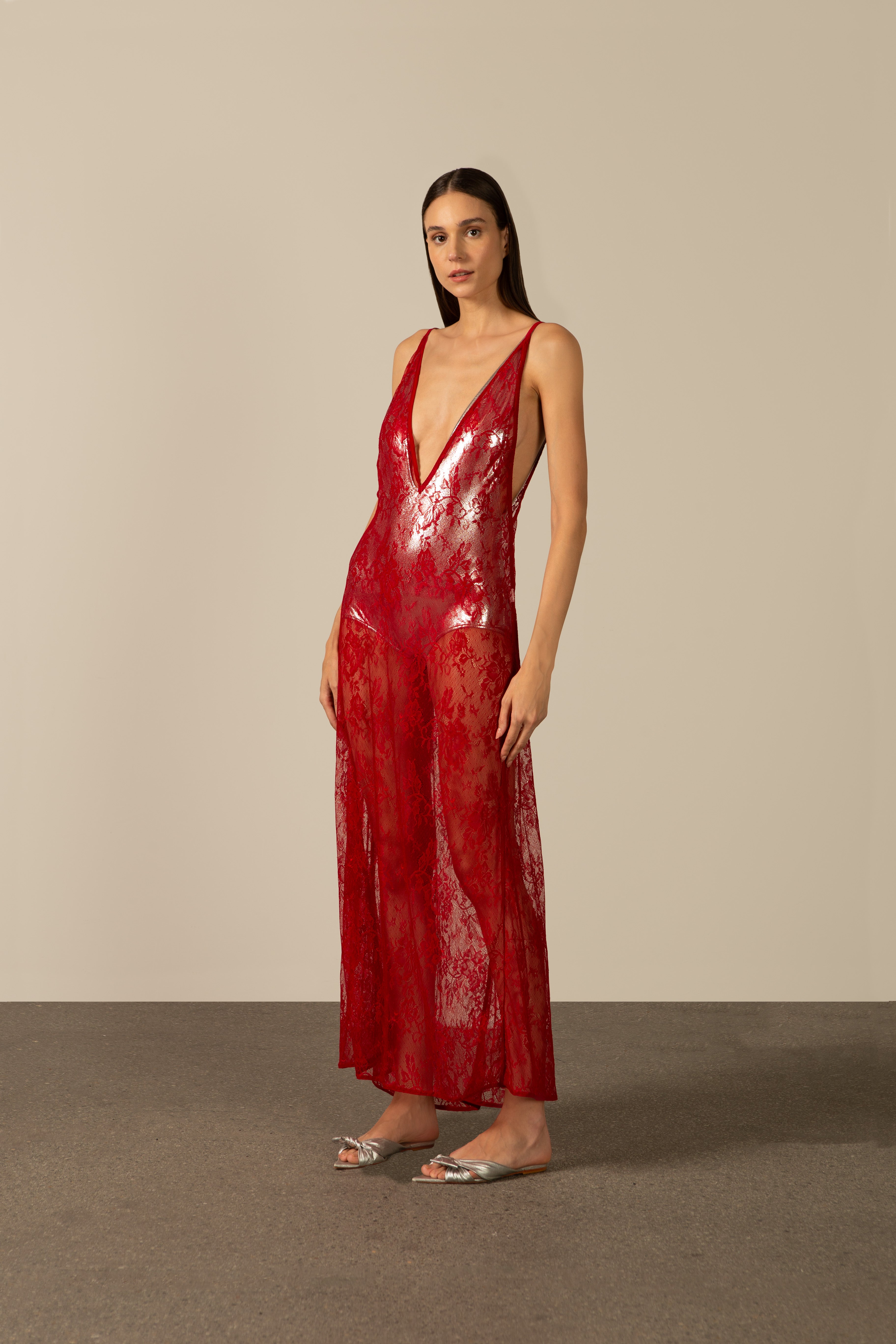 Vestido Longo Decote V Renda