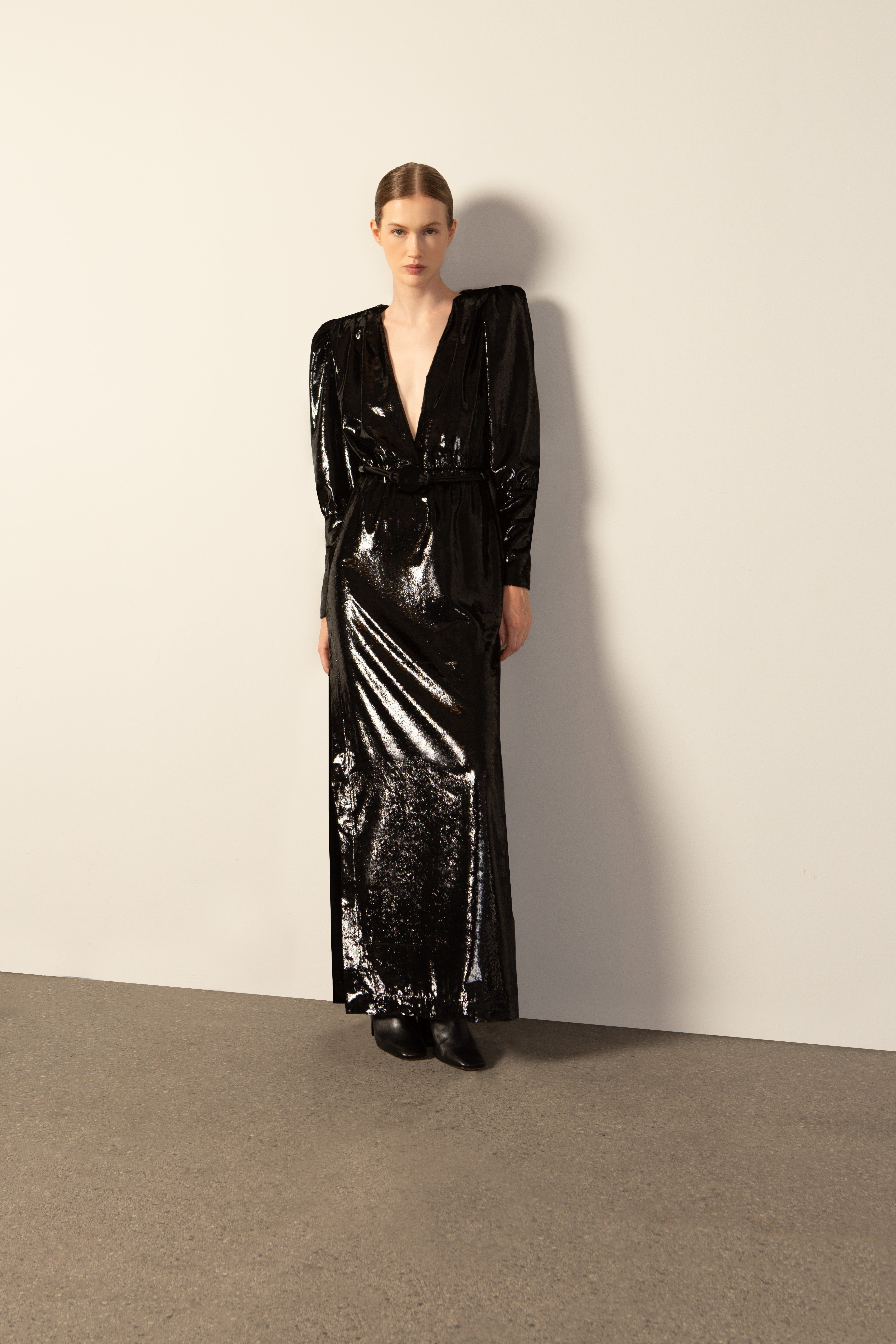 Vestido Longo Decote V Lamê