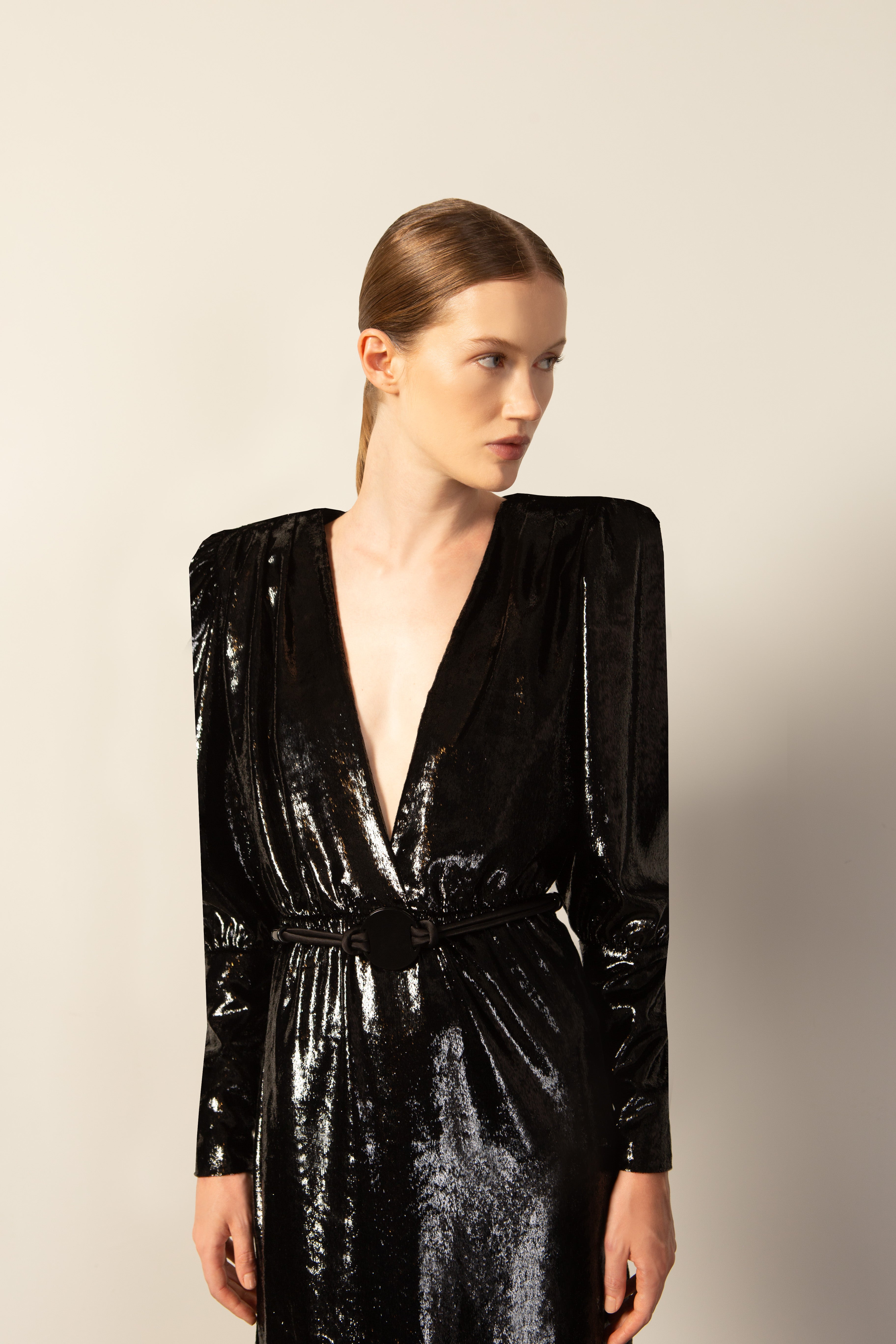 Vestido Longo Decote V Lamê