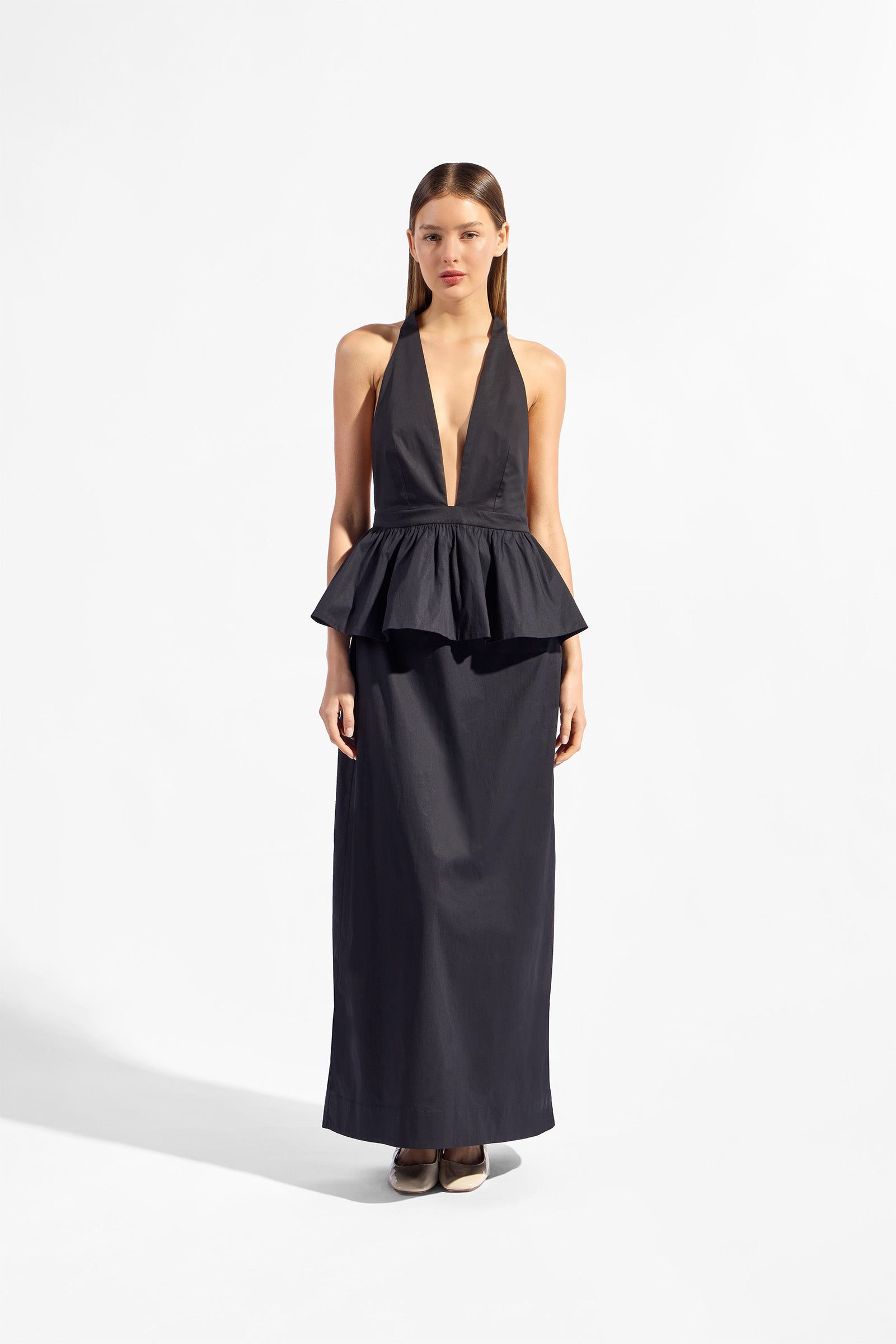 Vestido Peplum Decote Profundo Baleares Liso