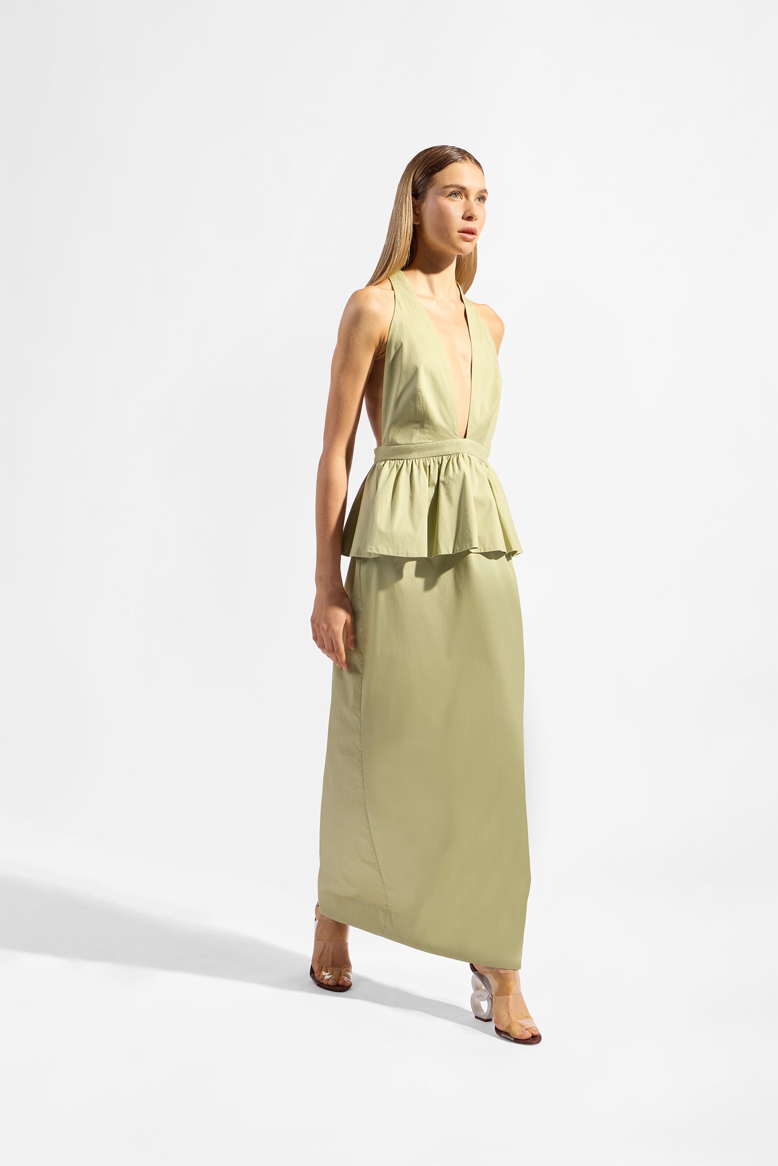 Vestido Peplum Decote Profundo Baleares Liso