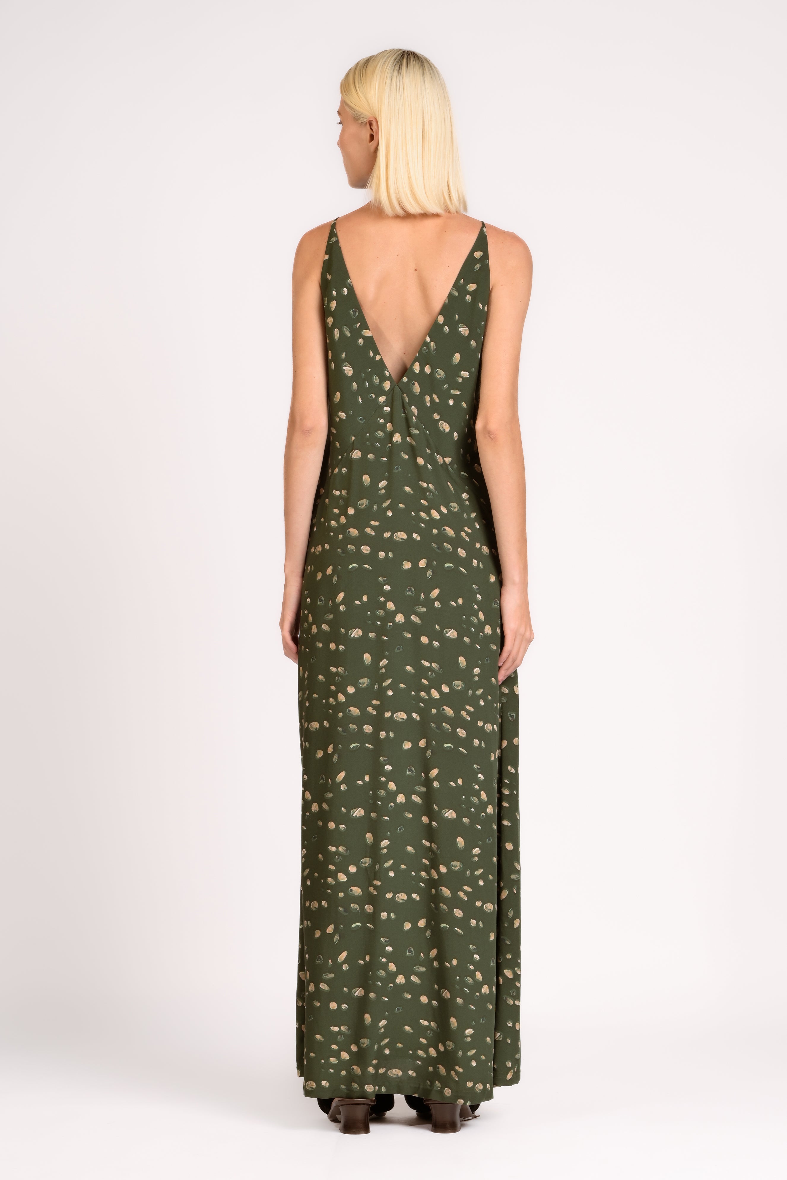 Vestido Longo Alças Decote V Green Pois