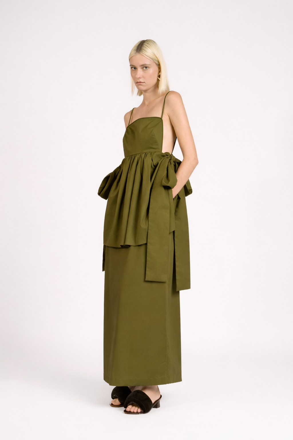 Vestido Longo Laço Lateral Lina Pois Lisos