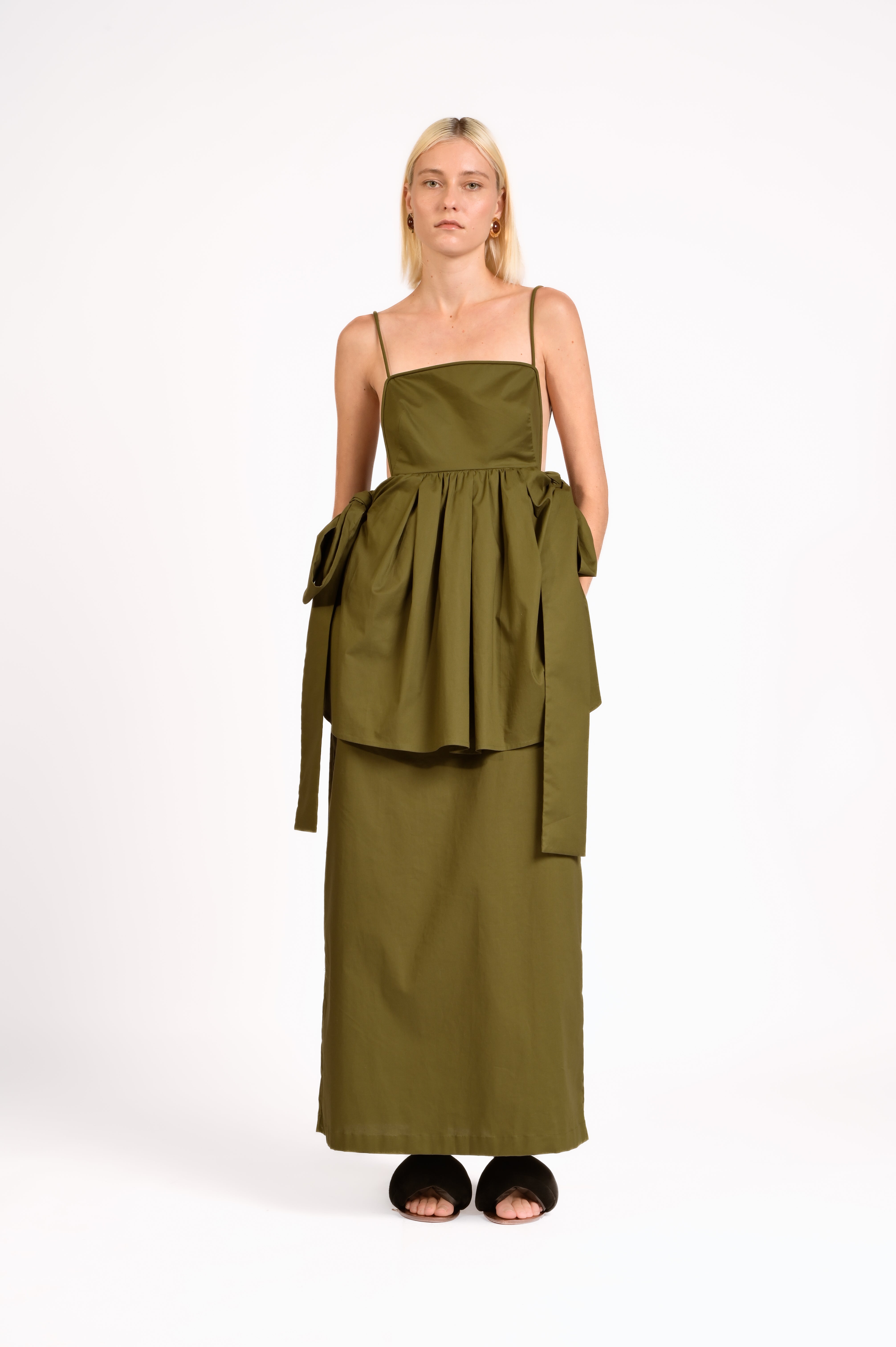 Vestido Longo Laço Lateral Lina Pois Lisos