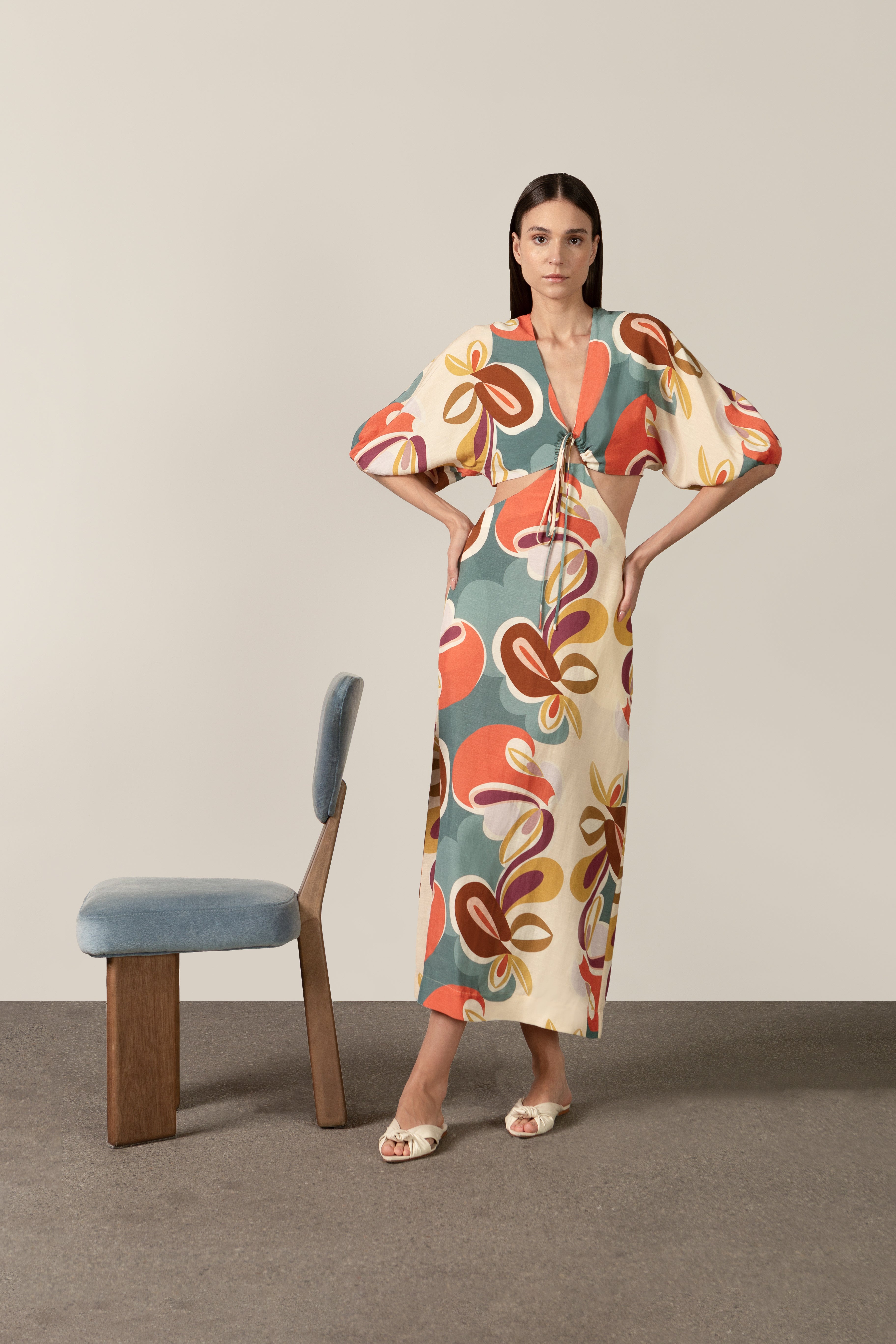 Vestido Midi Manga Bufante Floral Organic