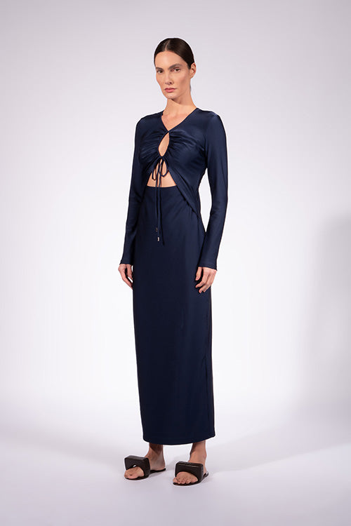 Vestido Longo Detalhe Franzido Liso