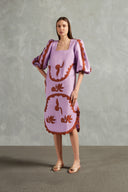 Vestido Midi Decote Quadrado Aplicações Linho