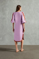 Vestido Midi Decote Quadrado Aplicações Linho