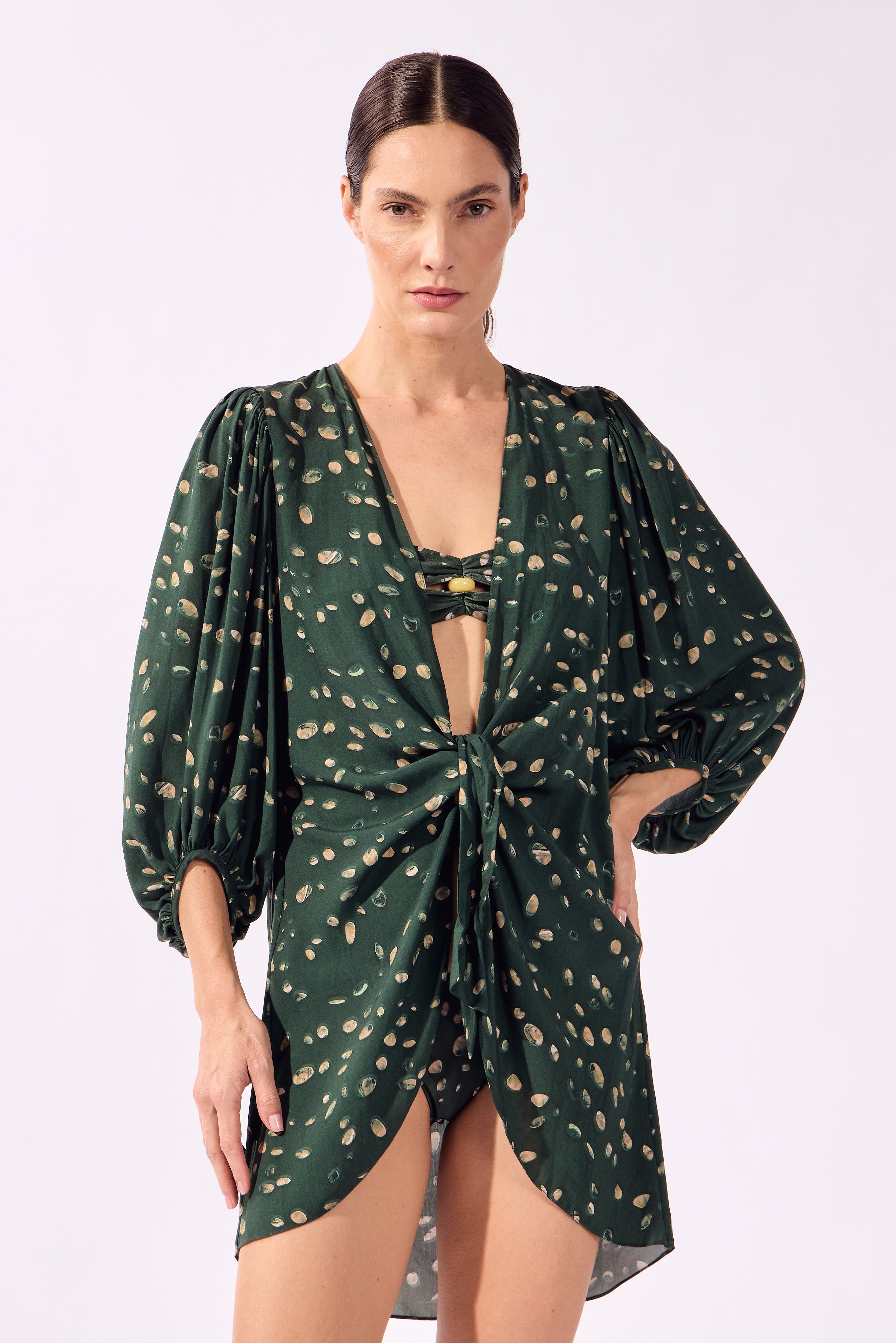 Camisa e Biquini Longa De Amarrar Green Pois