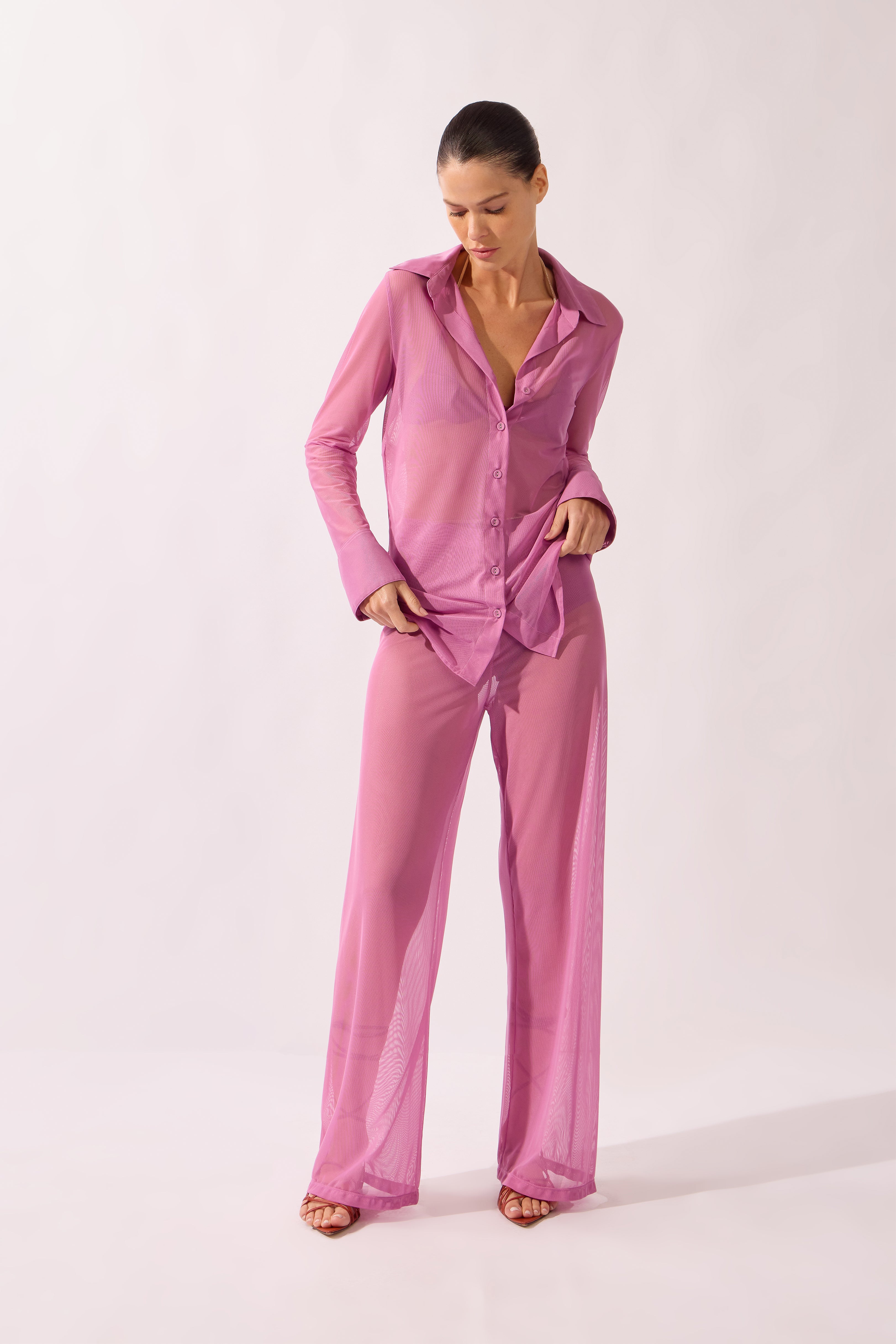 Camisa Manga Longa Pois e Foliage Lisos